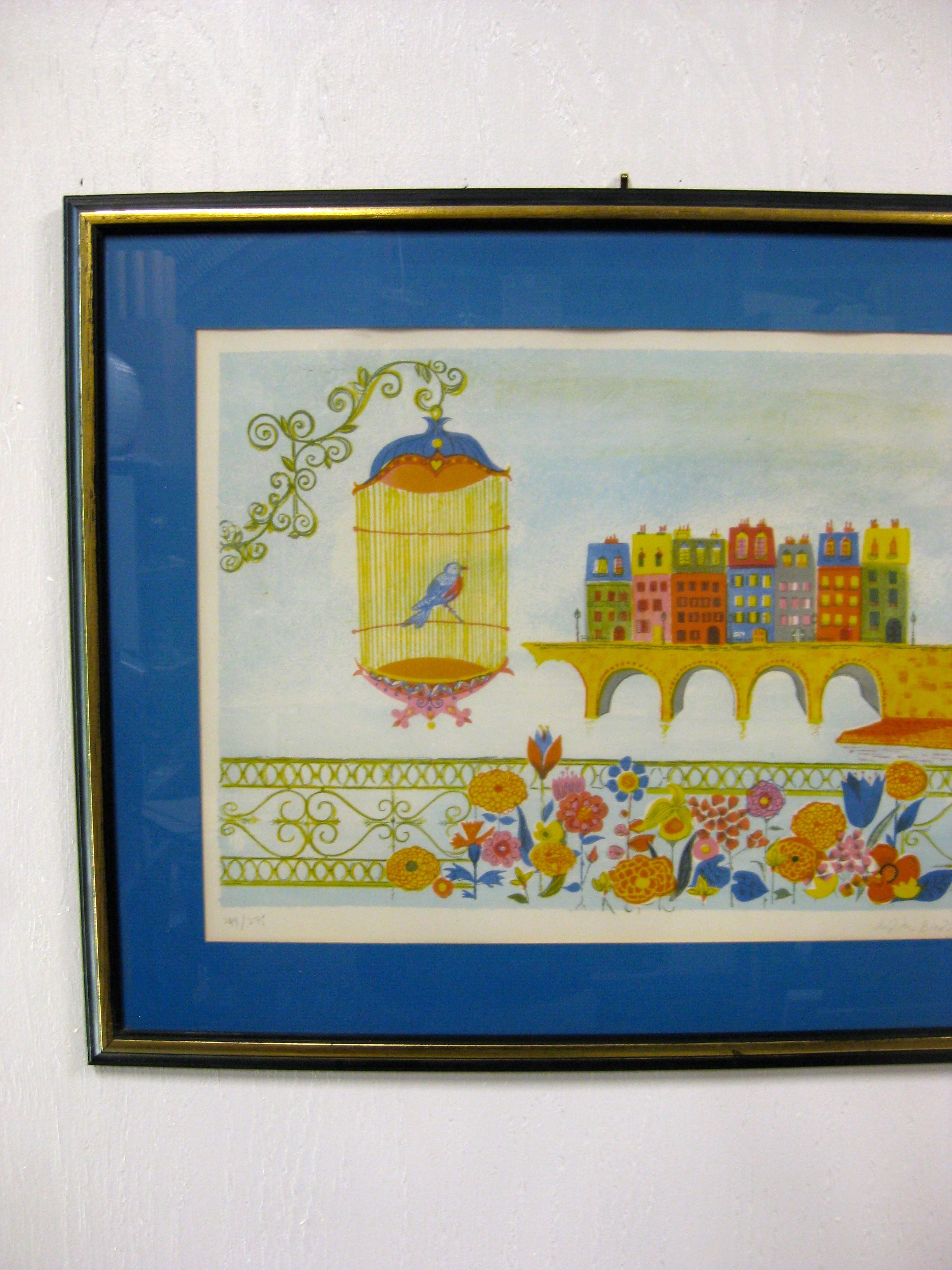 Wonderful hand signed and numbered whimsical lithograph by listed artist Judith Bledsoe, circa 1970's. The lithograph features a colorful cityscape and bird in a bird cage on a balcony. Vibrant colors. The art was sold through The Collector’s Guild
