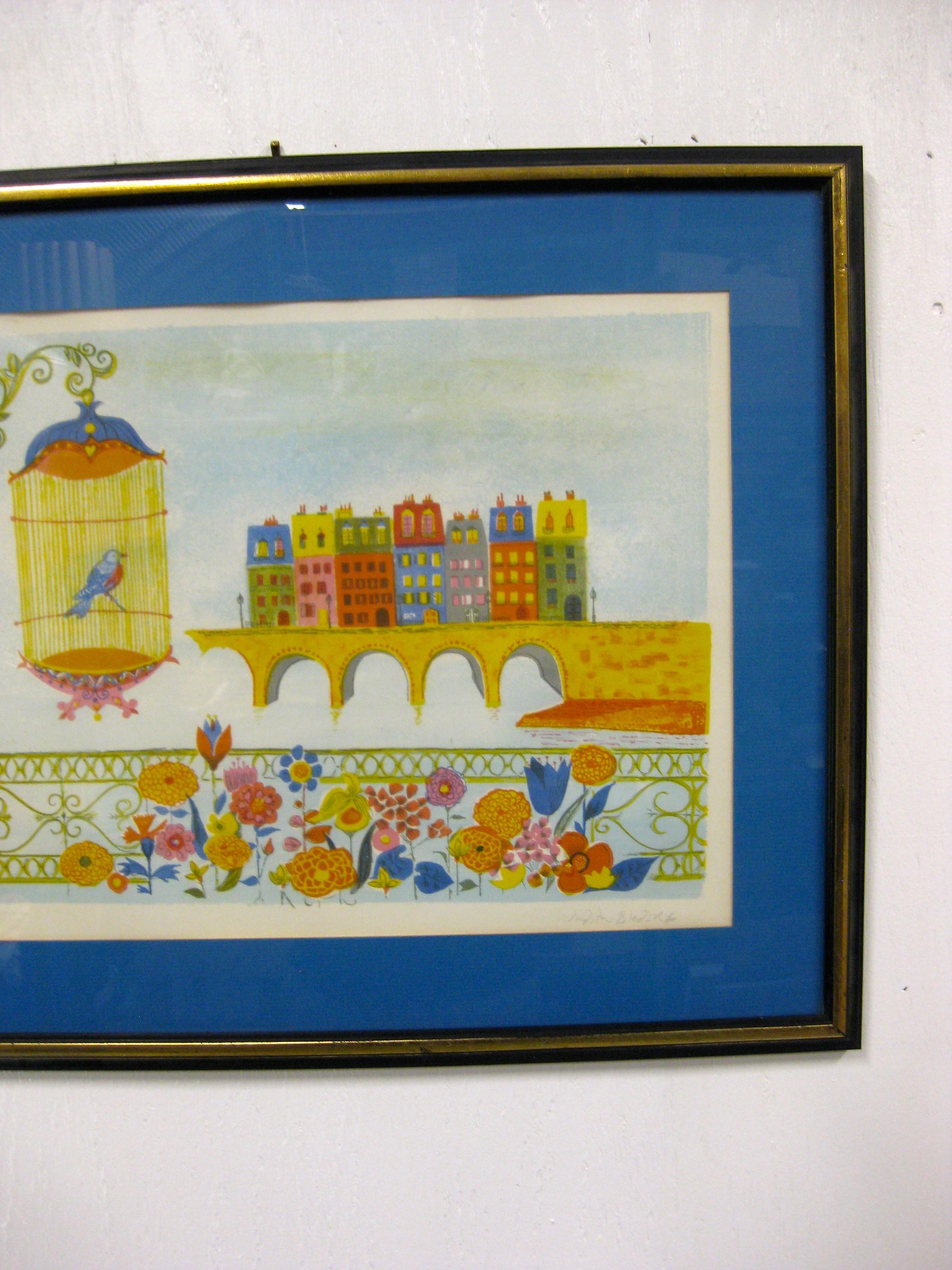 American 1970's Judith Bledsoe Whimsical Cityscape W/Bird Lithograph Signed & Numbered For Sale