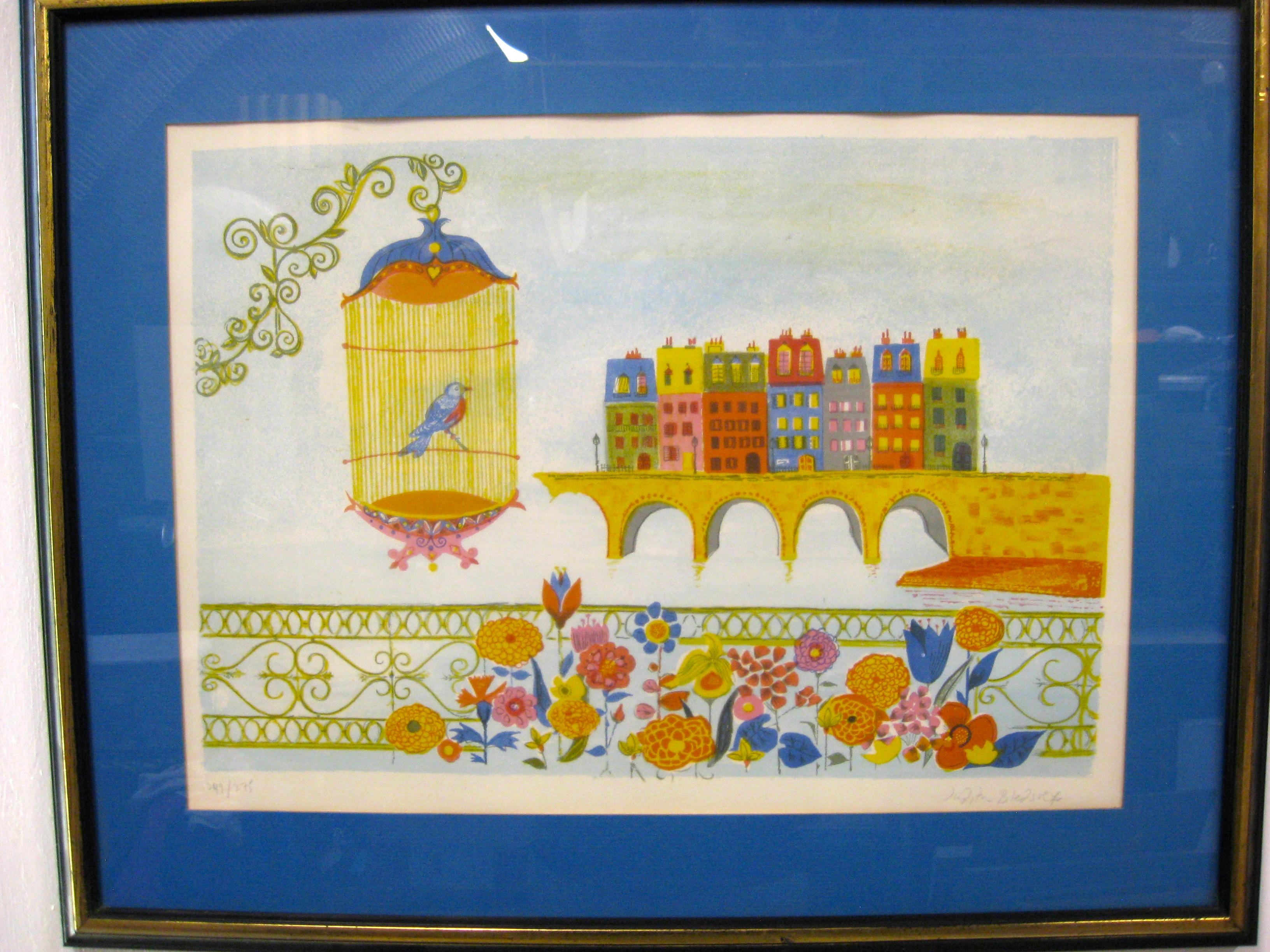 1970's Judith Bledsoe Whimsical Cityscape W/Bird Lithograph Signed & Numbered In Excellent Condition For Sale In San Diego, CA