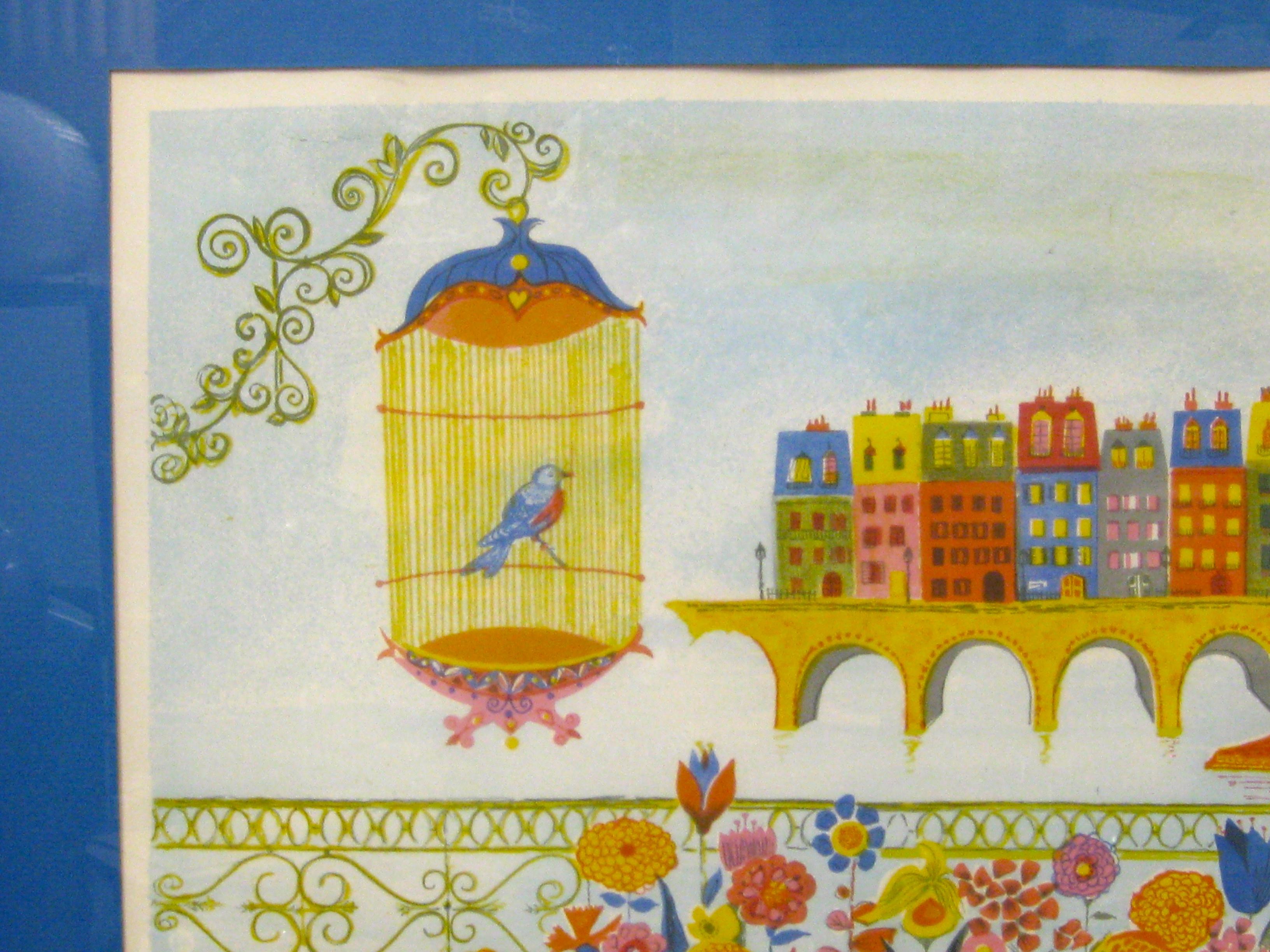 20th Century 1970's Judith Bledsoe Whimsical Cityscape W/Bird Lithograph Signed & Numbered For Sale