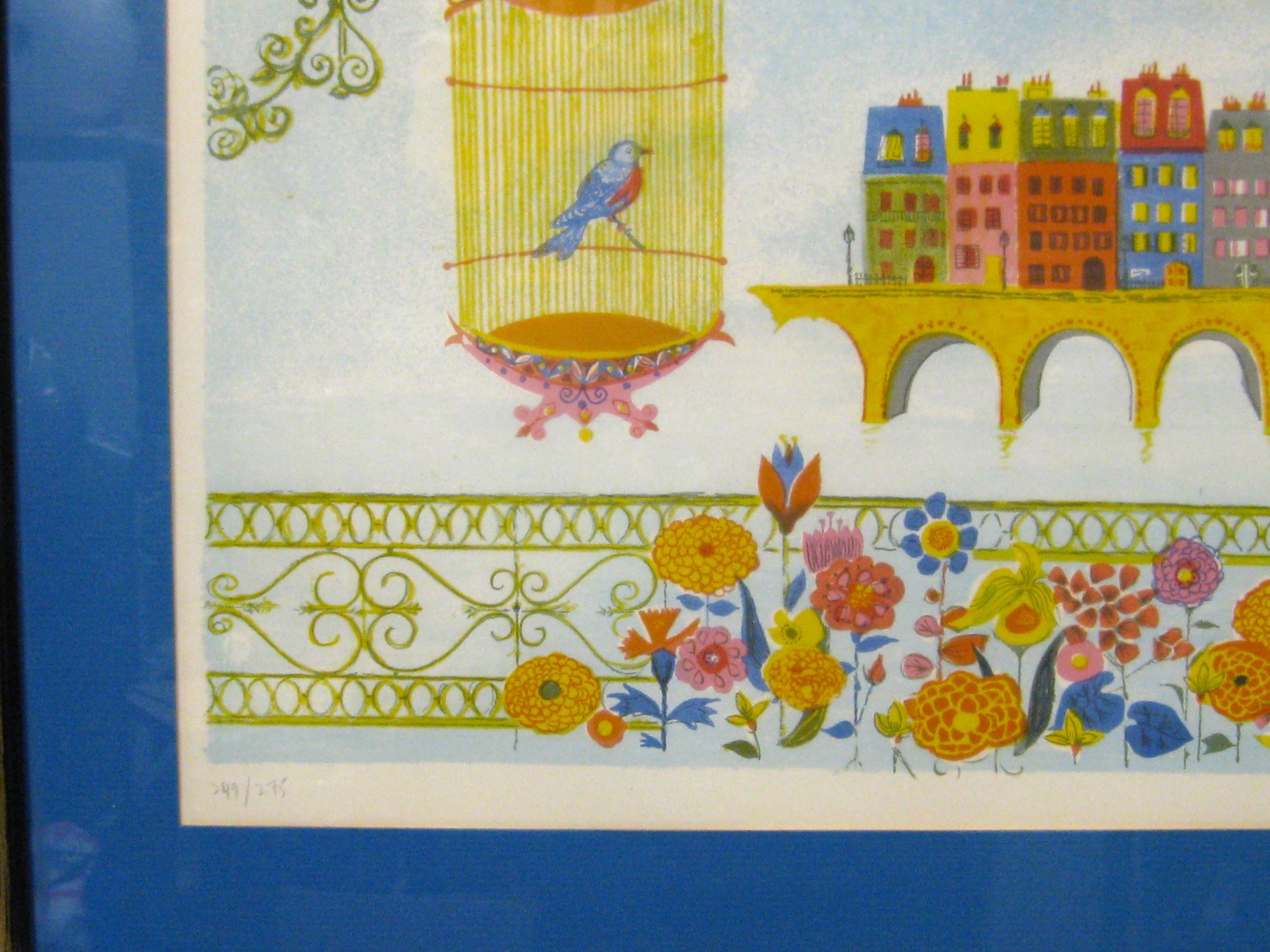 1970''s Judith Bledsoe Whimsical Cityscape w/Bird Lithographie signiert & nummeriert (Papier) im Angebot