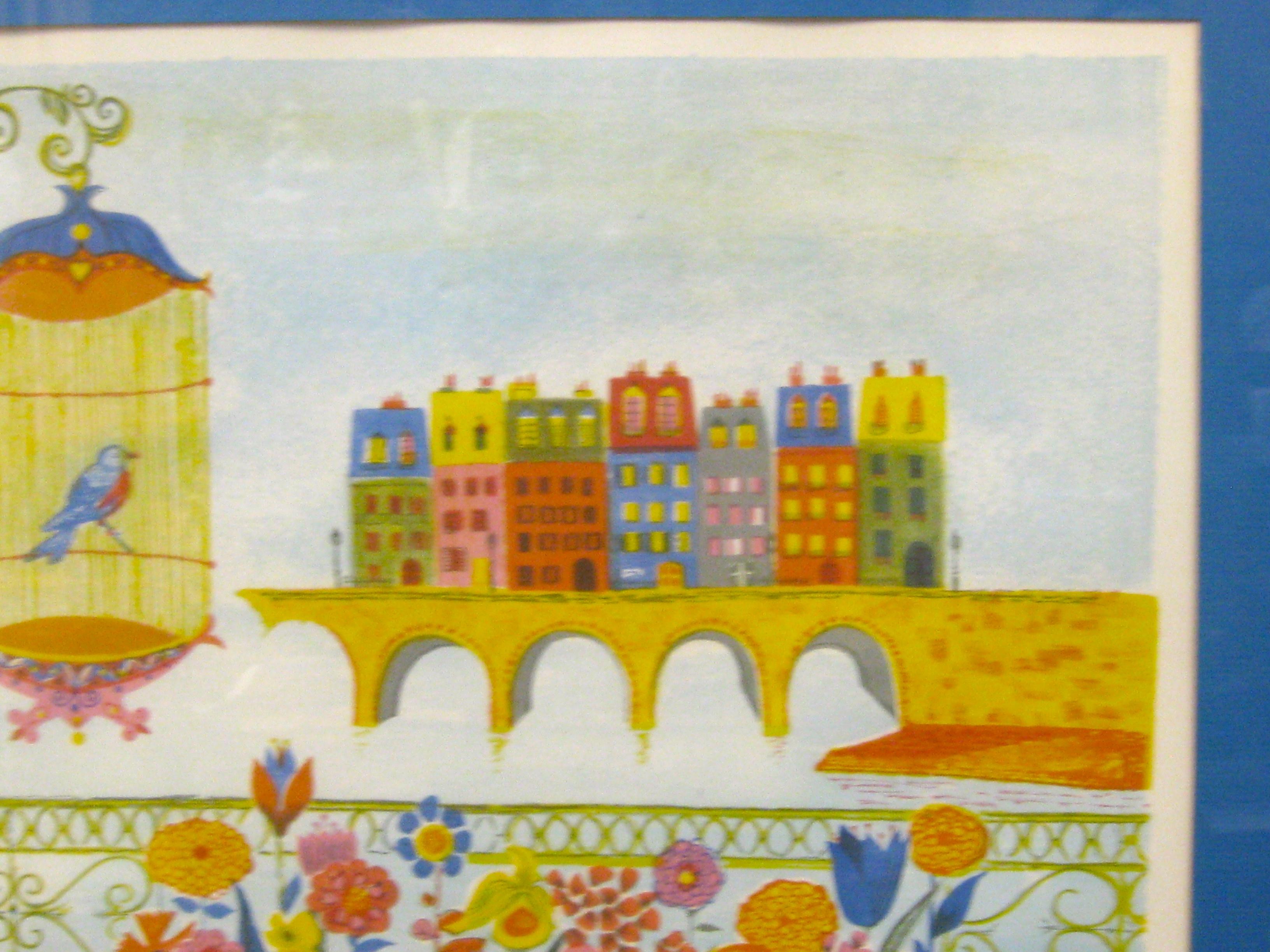1970's Judith Bledsoe Whimsical Cityscape W/Bird Lithograph Signed & Numbered For Sale 1