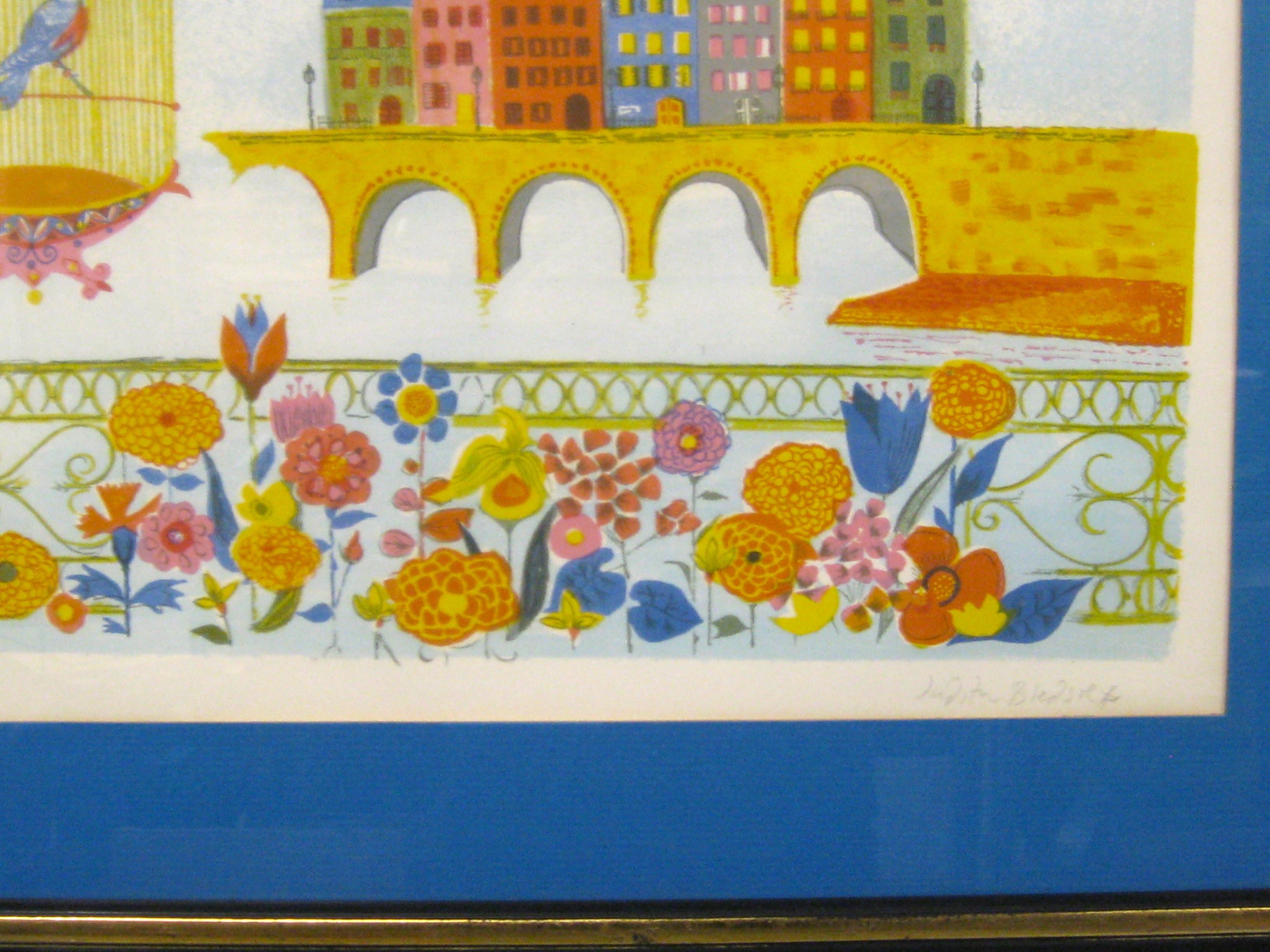 1970's Judith Bledsoe Whimsical Cityscape W/Bird Lithograph Signed & Numbered For Sale 2