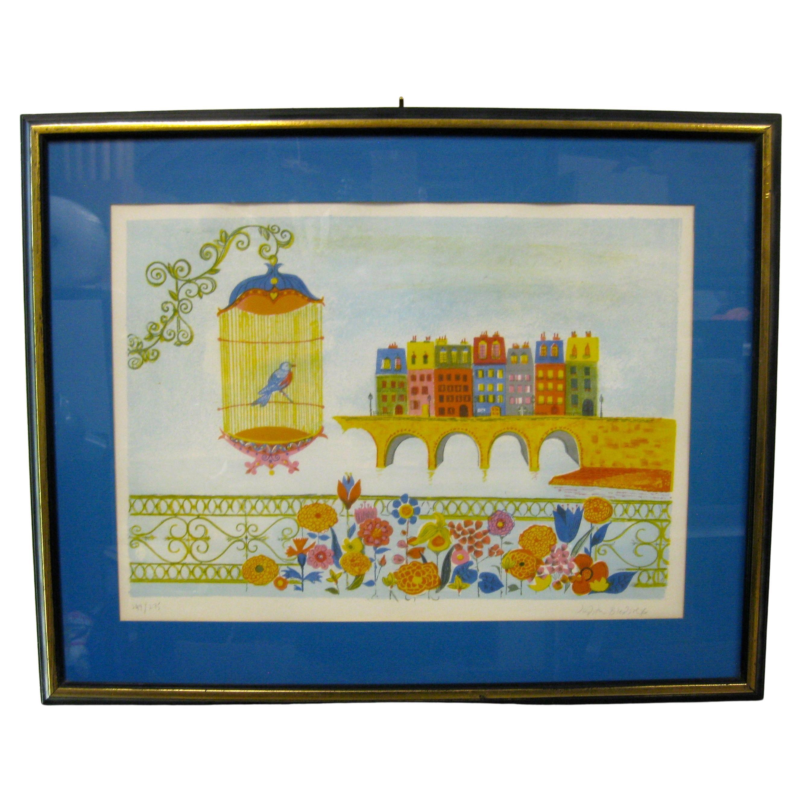 1970's Judith Bledsoe Whimsical Cityscape W/Bird Lithograph Signed & Numbered For Sale