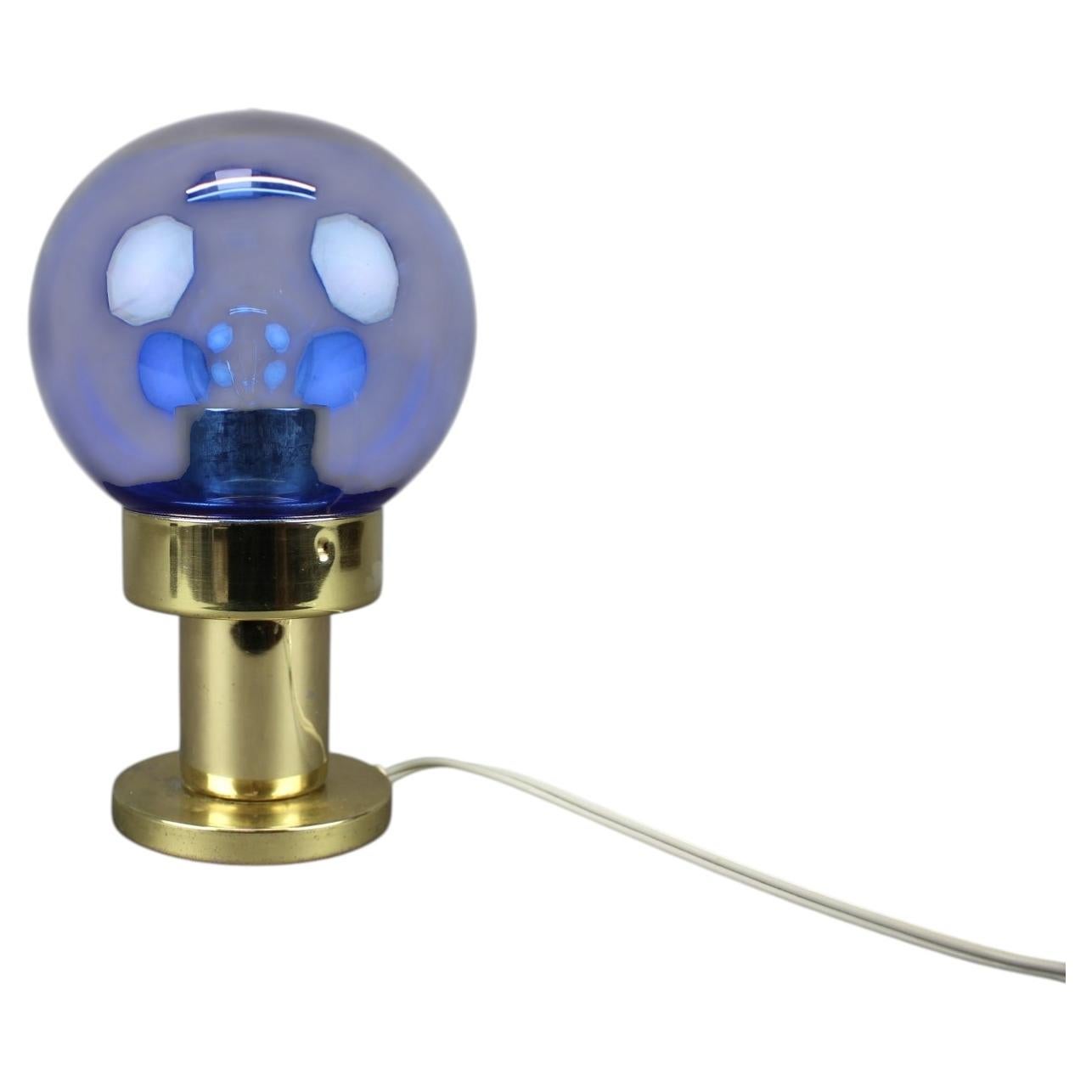 1970s Kamenicky Senov Blue Glass and Brass Table Lamp, Czechoslovakia For Sale