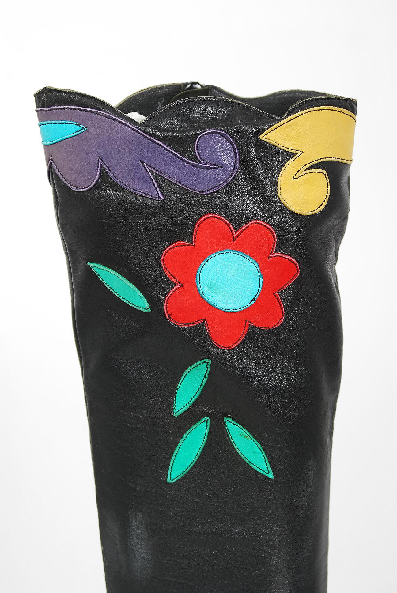 Women's Vintage 1970s Karina of Spain Floral Applique Black Leather Knee-High Mod Boots  For Sale