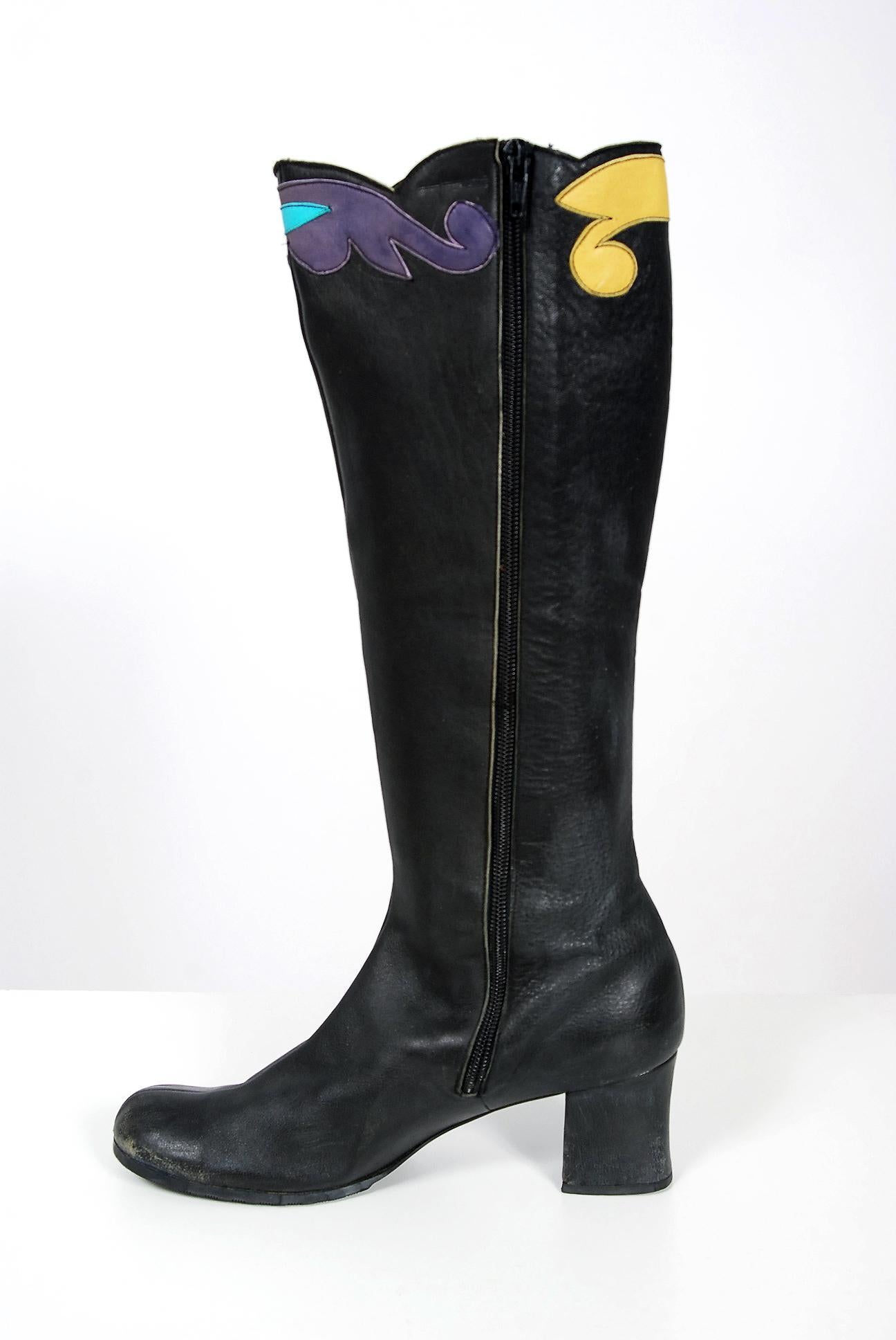 Vintage 1970s Karina of Spain Floral Applique Black Leather Knee-High Mod Boots  For Sale 1