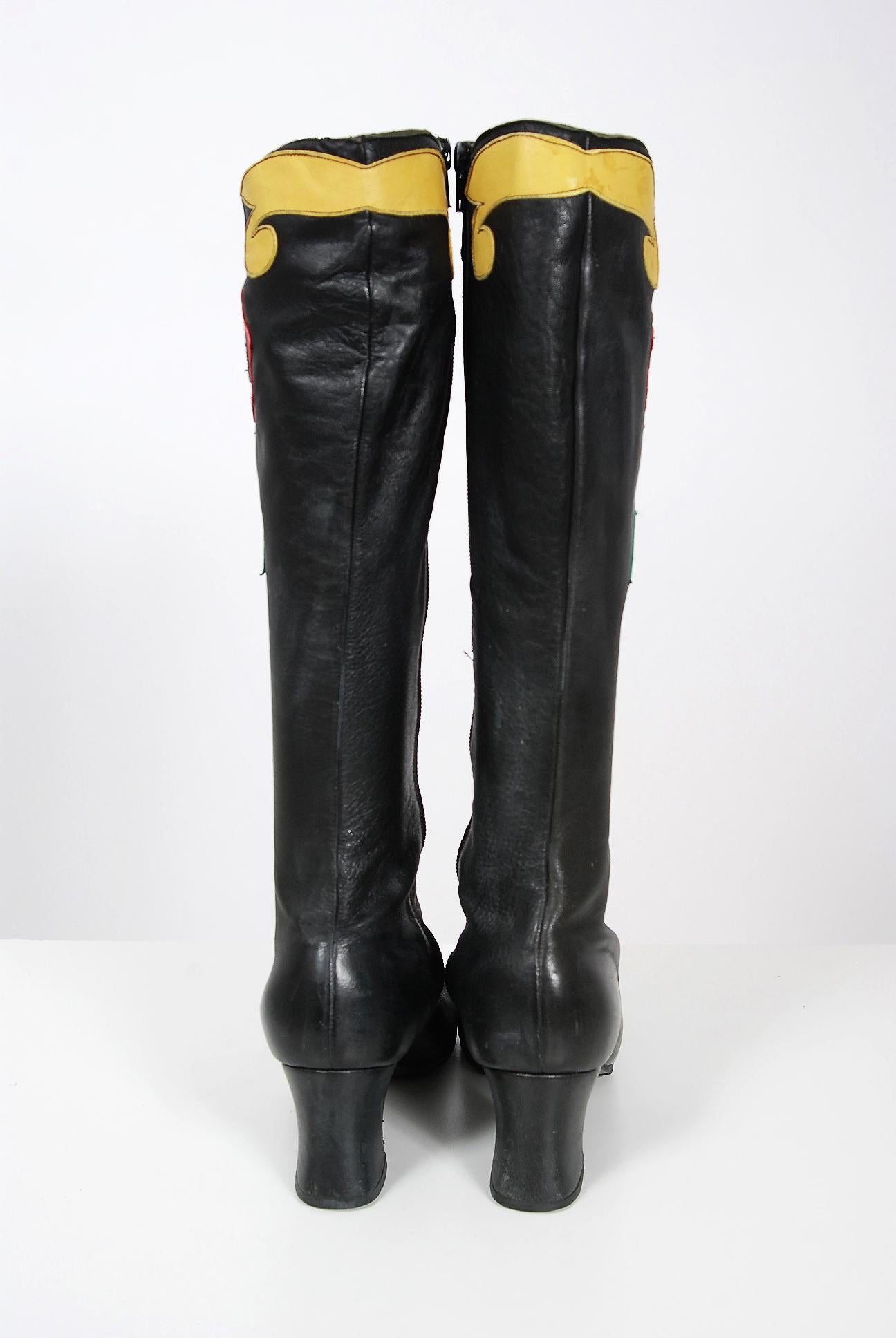 Vintage 1970s Karina of Spain Floral Applique Black Leather Knee-High Mod Boots 2