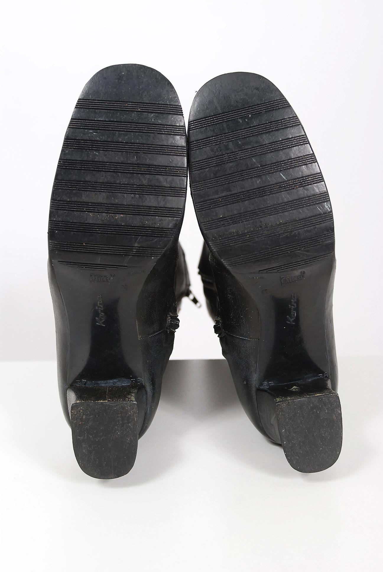 Vintage 1970s Karina of Spain Floral Applique Black Leather Knee-High Mod Boots 3