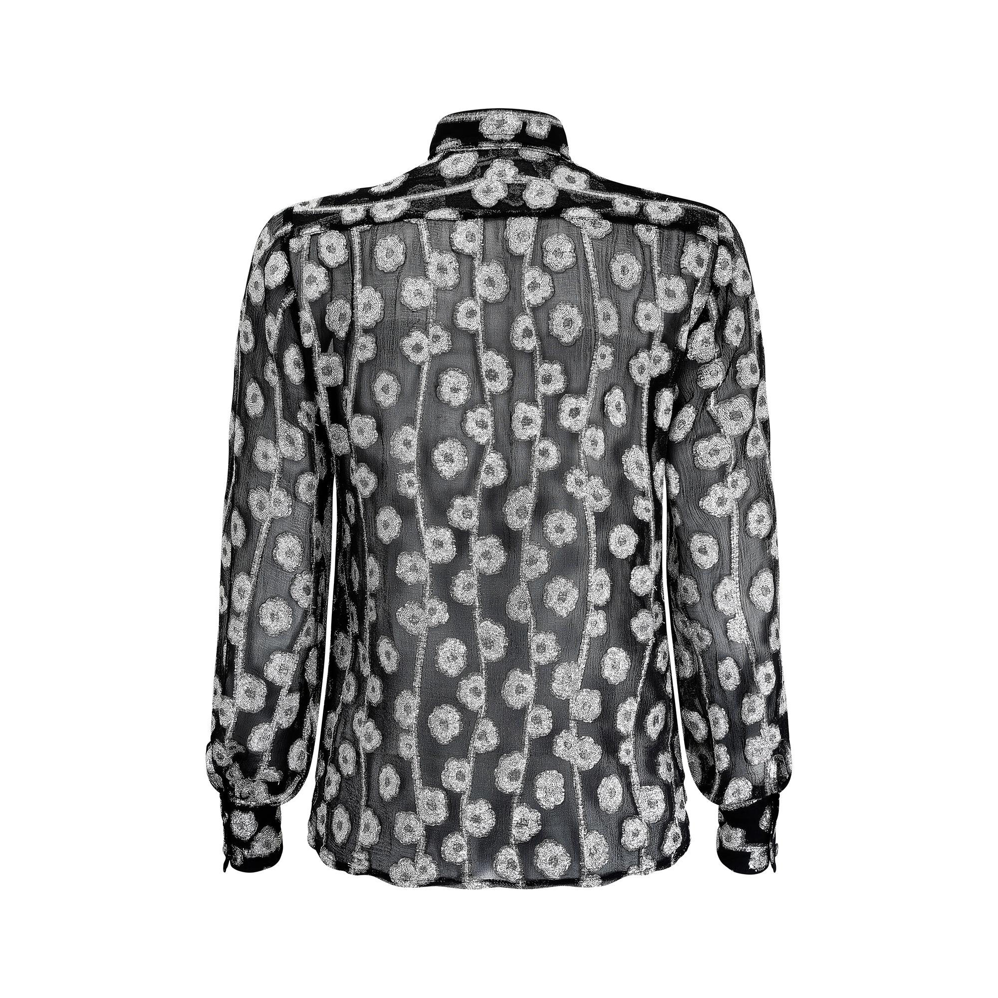 Women's 1970s Karl Lagerfeld for Chloe Black and Silver Silk Blouse