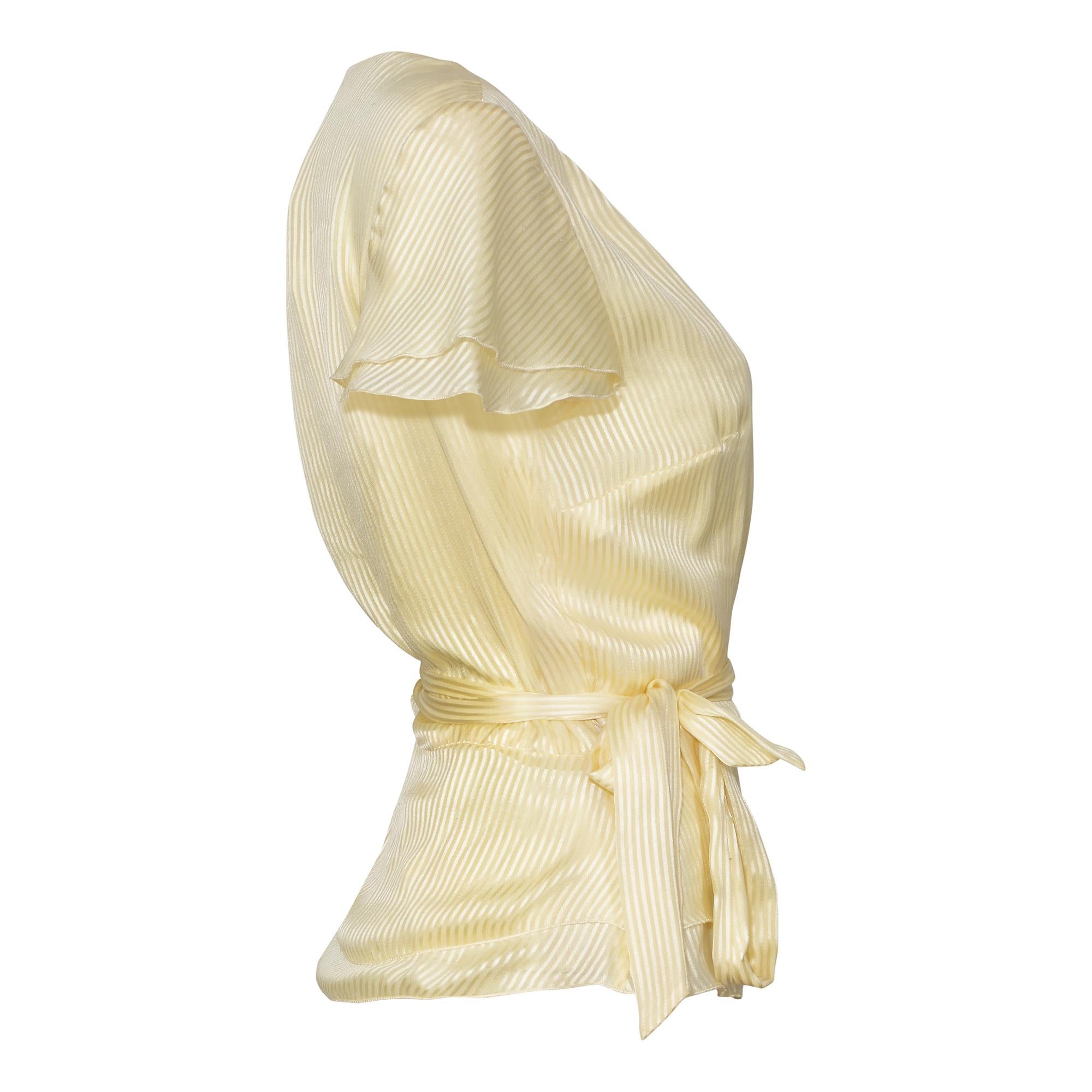 Beige 1970s Karl Lagerfeld for Chloe Yellow Silk Striped Tie Blouse