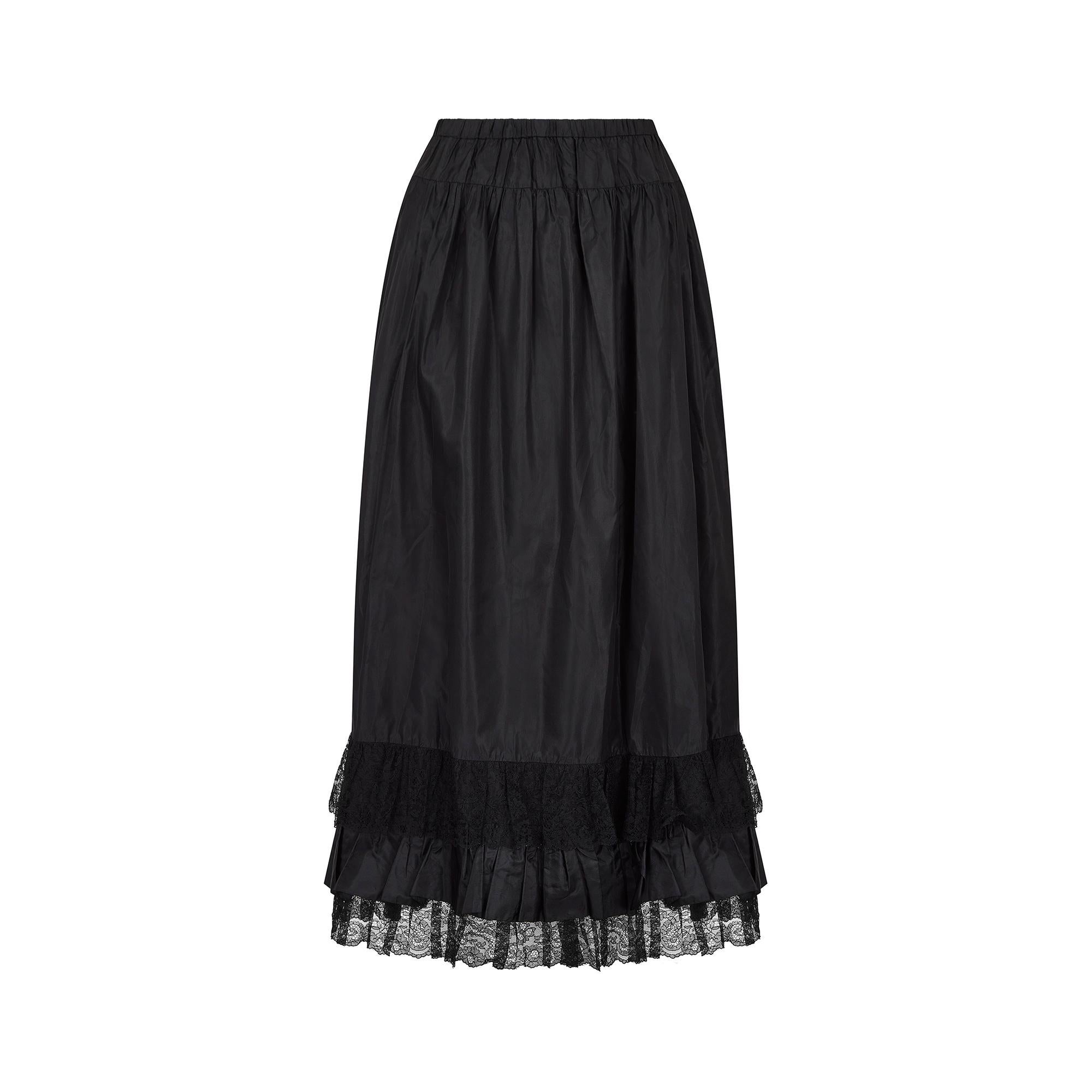 This late 1970s to early 1980s black silk taffeta 'Victoriana' skirt is by Chloe and made to almost couture standards.  Throughout the fashion House's history, Chloe has always subscribed to fabulous attention to detail and quality fabrics; none