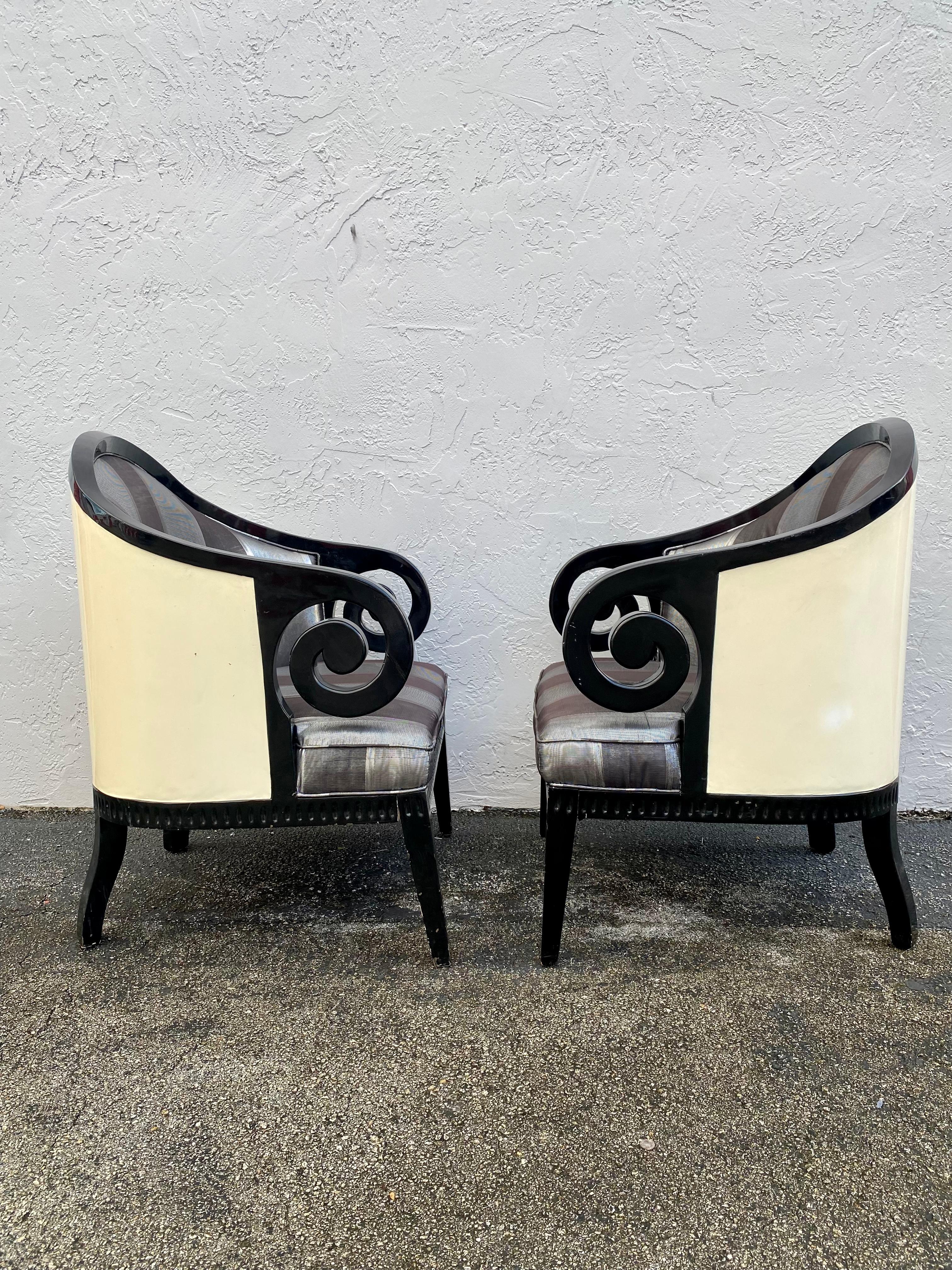 Hollywood Regency 1970s Karl Springer Faux Goatskin Sculptural Barrel Chairs, Set of 2 For Sale