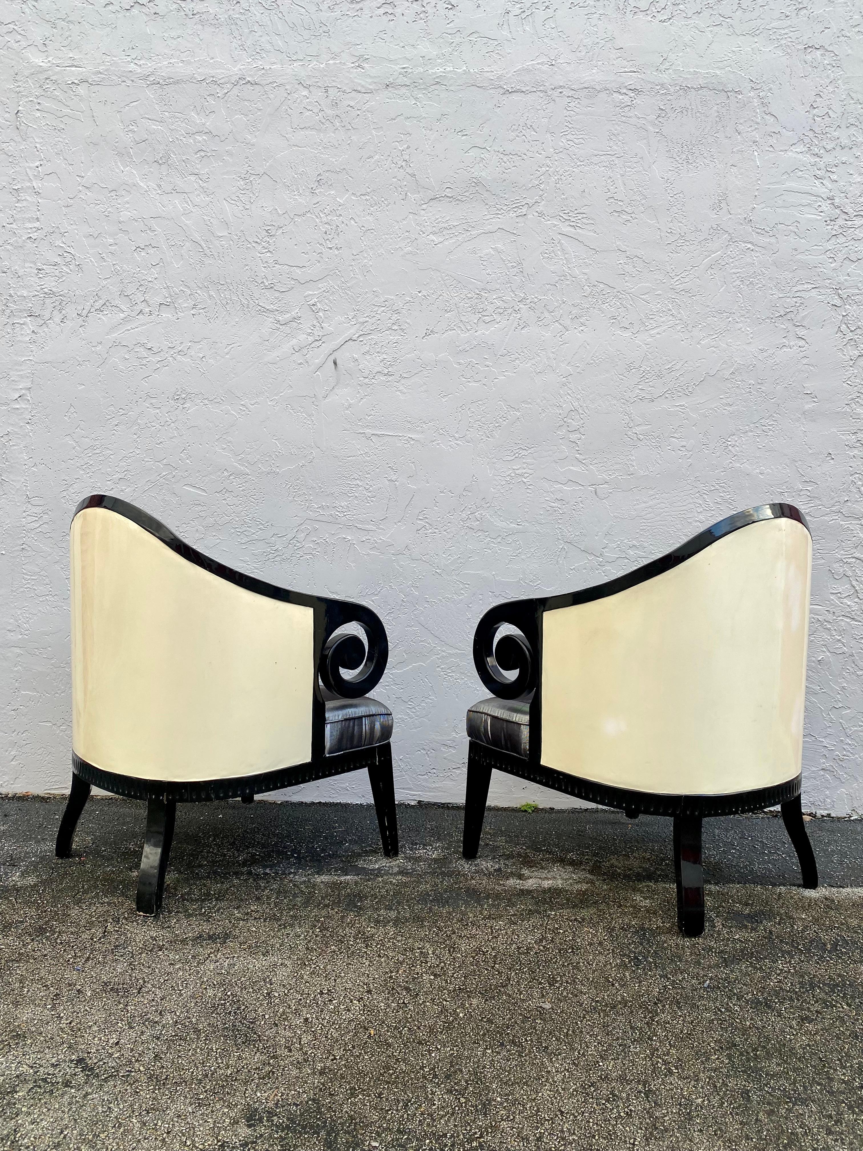 American 1970s Karl Springer Faux Goatskin Sculptural Barrel Chairs, Set of 2 For Sale