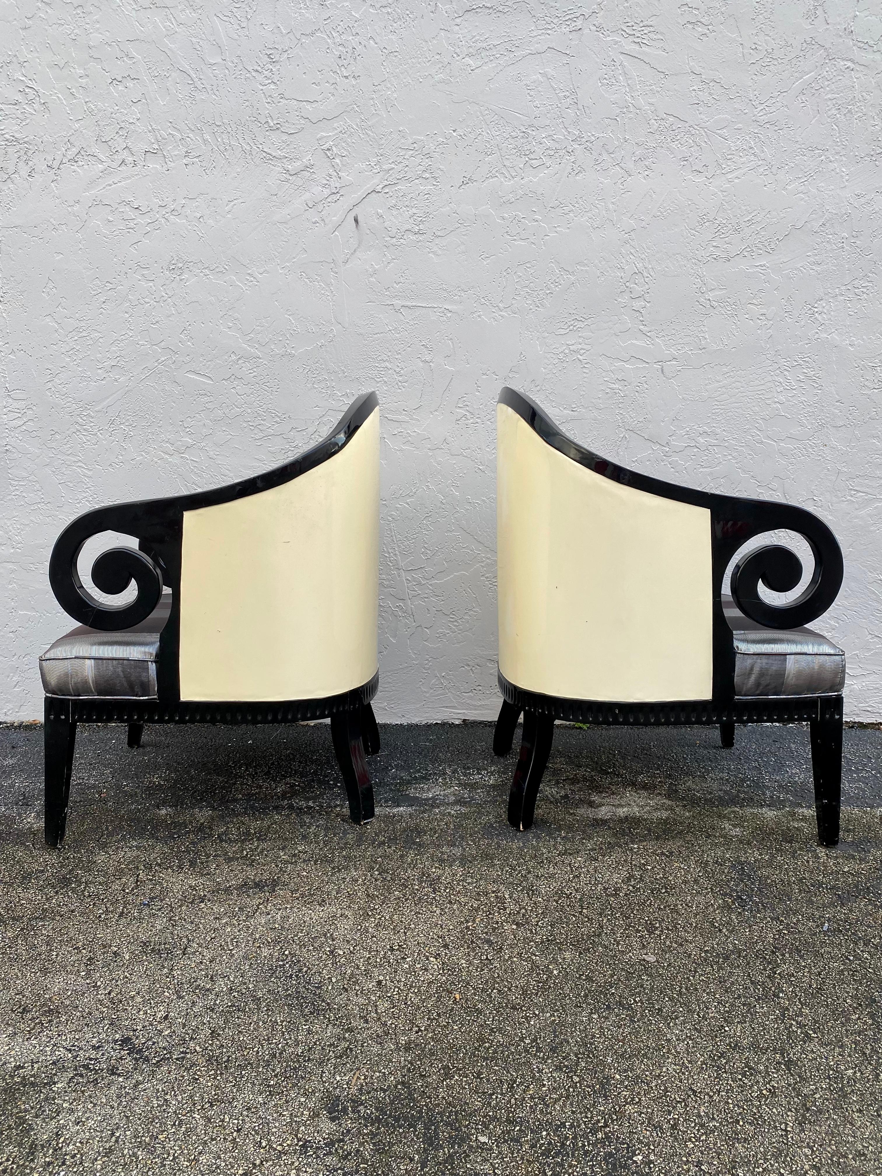 Wood 1970s Karl Springer Faux Goatskin Sculptural Barrel Chairs, Set of 2 For Sale