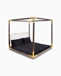 1970s Karl Springer Rare Low King Canopy Bed Frame in Gunmetal, Brass and Lucite