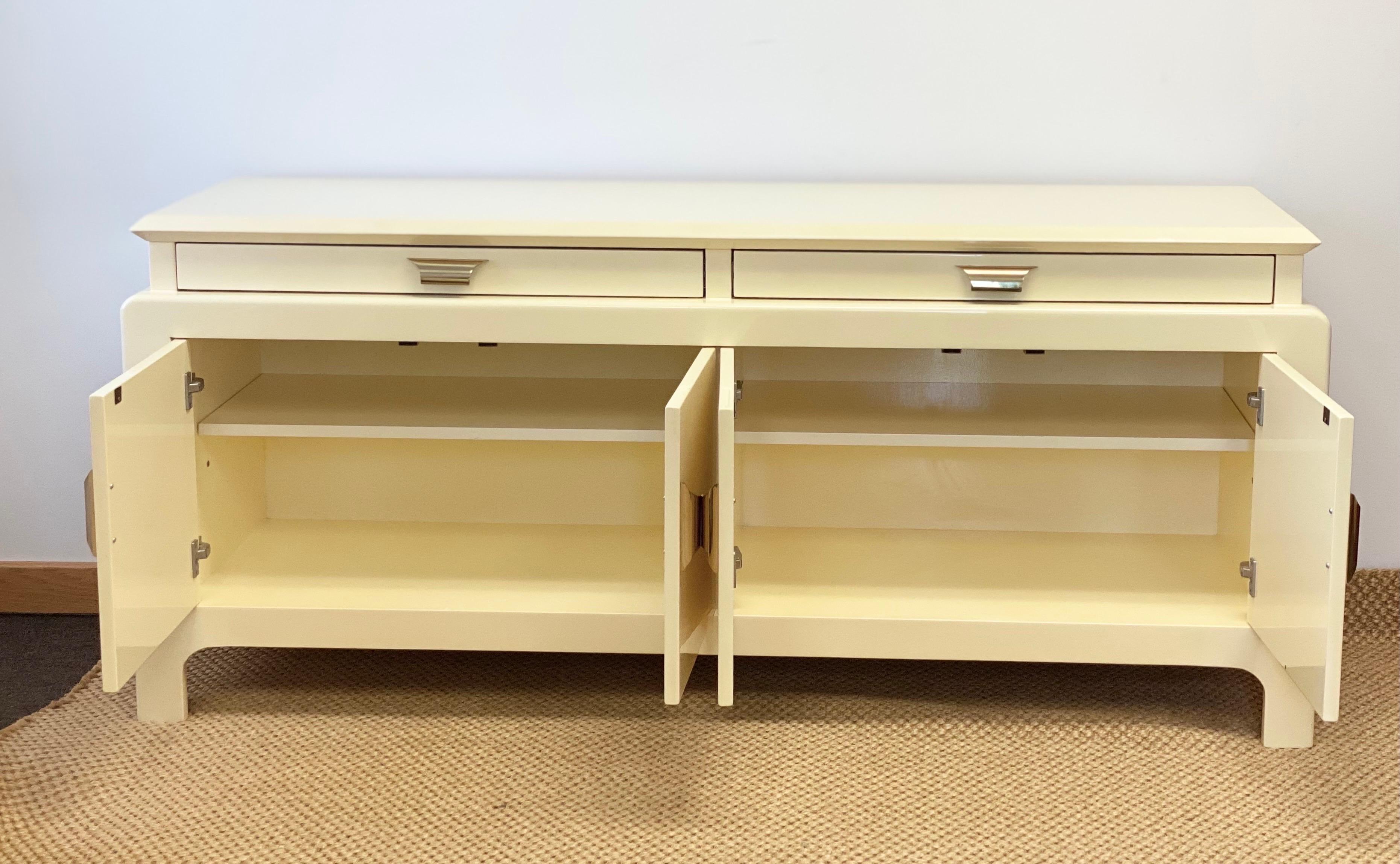 Hardwood 1970s Karl Springer Style Creamy Beige Lacquer and Brass Credenza