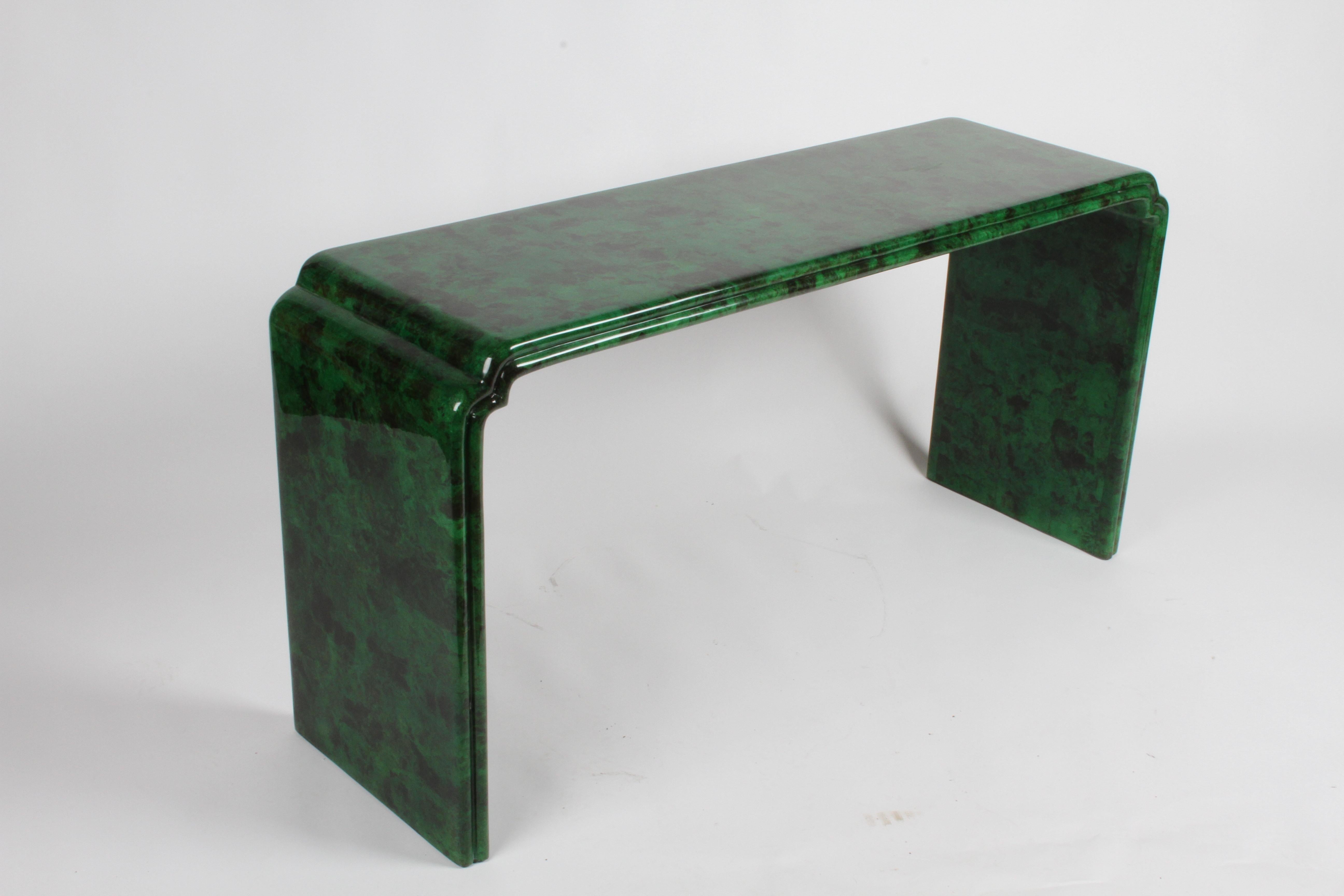 Classic Karl Springer style faux malachite parchment and lacquer waterfall console table from a one owner 1970s designed high style residence. Very Hollywood Regency or Tony Duquette feel to it, with nice edge detail. Overall very nice condition,