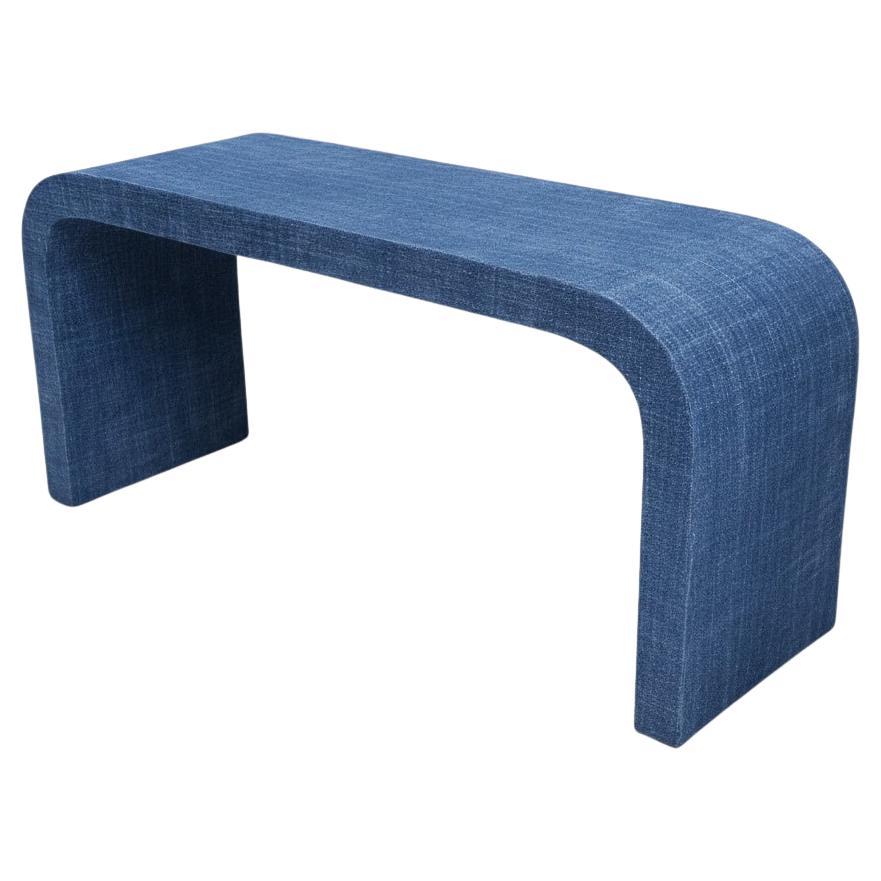 1970s Karl Springer Style Modern Blue Denim Grasscloth Wrapped Console Table im Angebot
