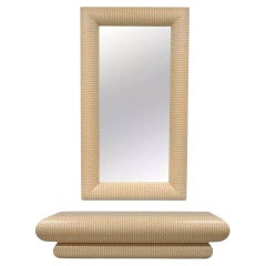 1970's Karl Springer Style Orange and White Wall Mounted Console Table & Mirror