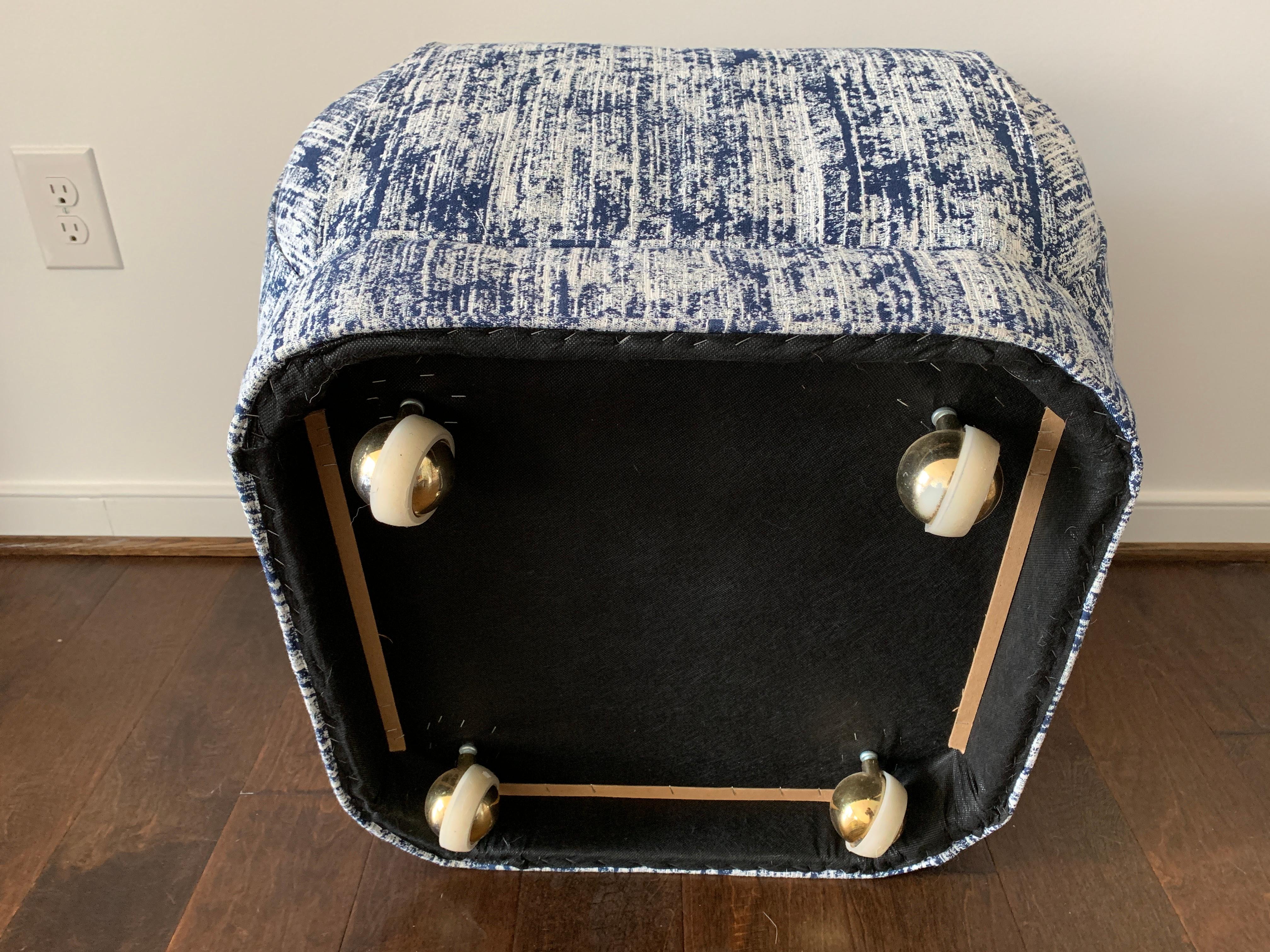 1970s Karl Springer Style Soufflé Pouf in Blue and White Scalamandre Fabric 3