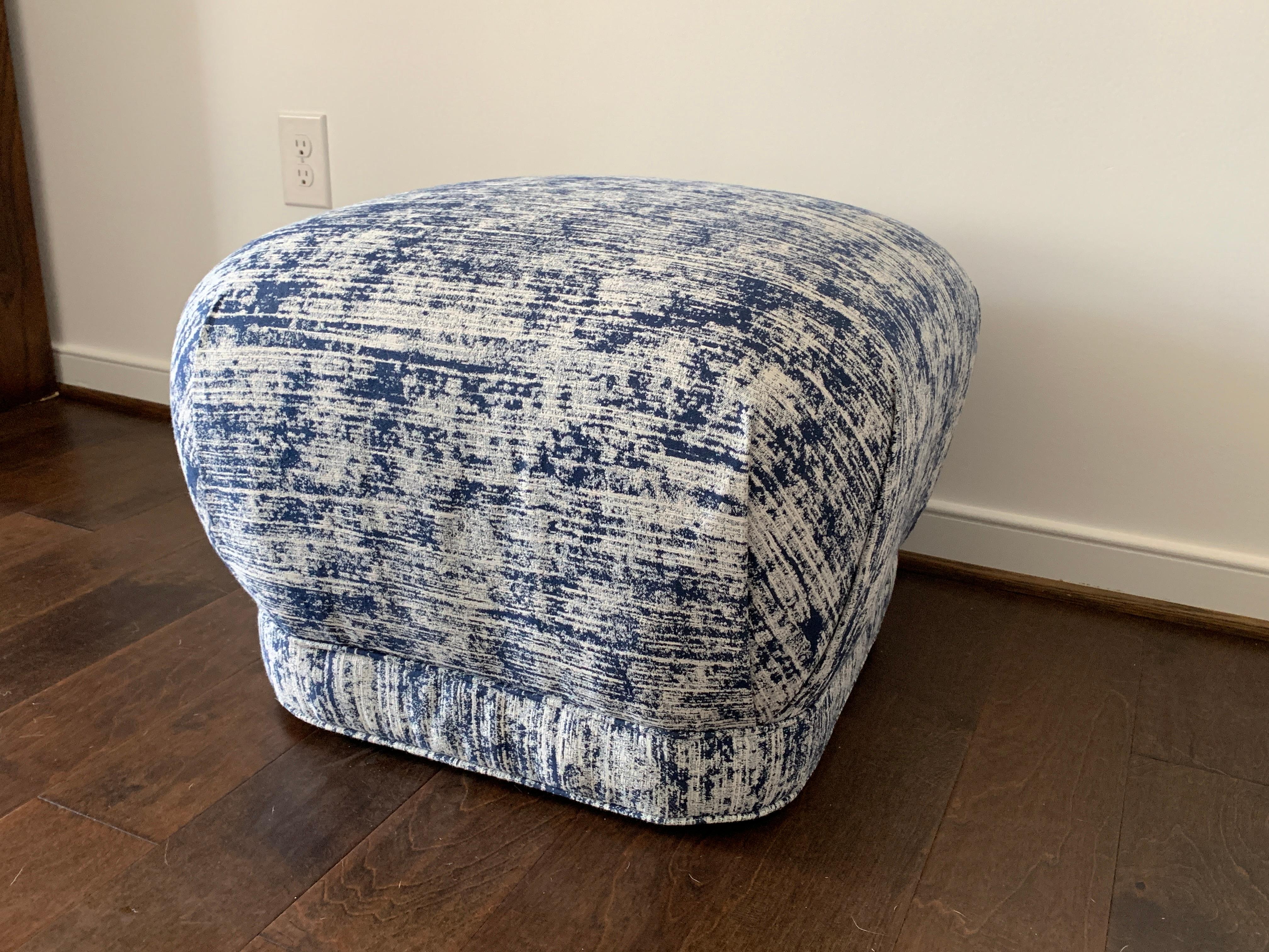 Modern 1970s Karl Springer Style Soufflé Pouf in Blue and White Scalamandre Fabric