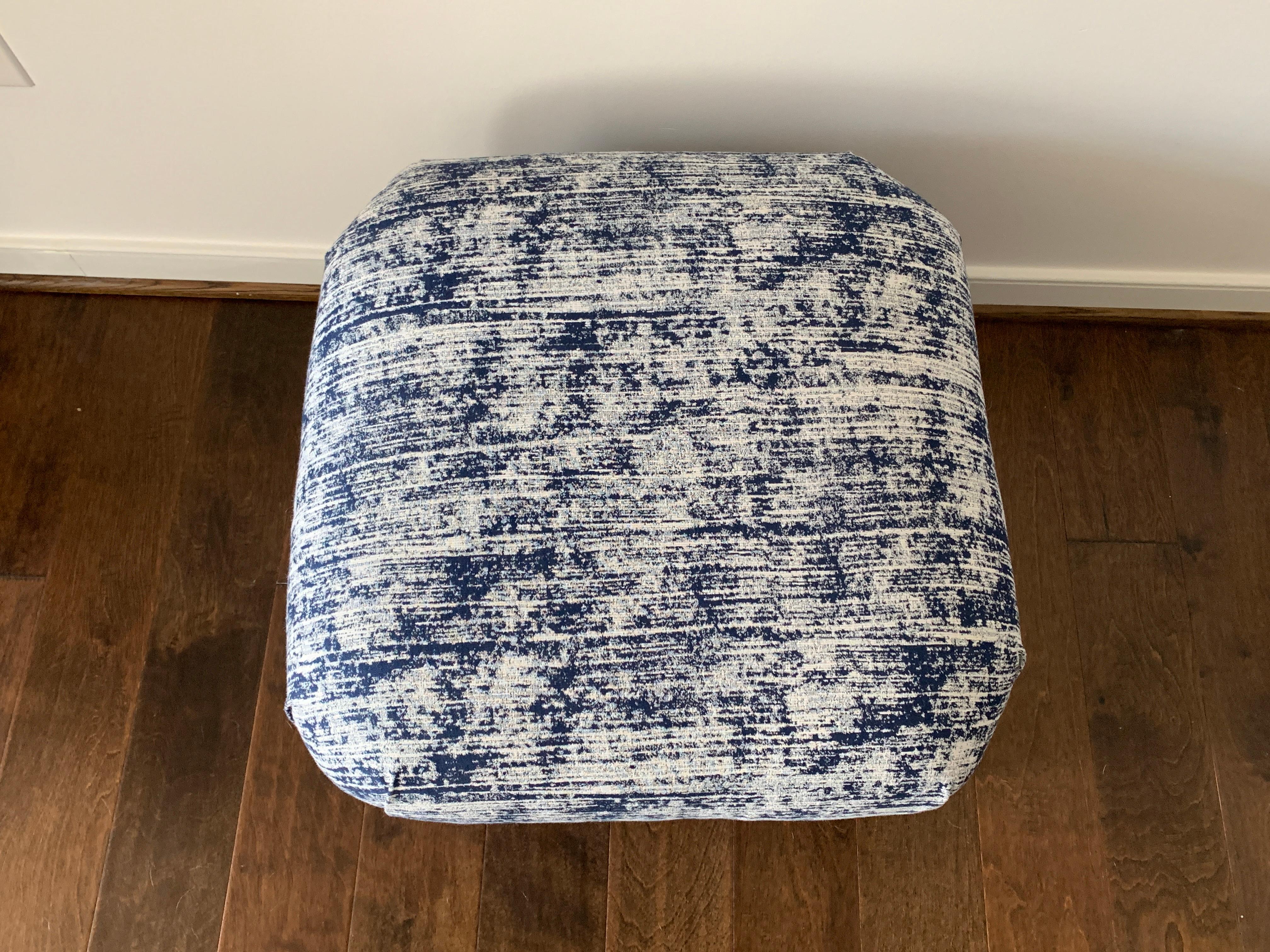 20th Century 1970s Karl Springer Style Soufflé Pouf in Blue and White Scalamandre Fabric