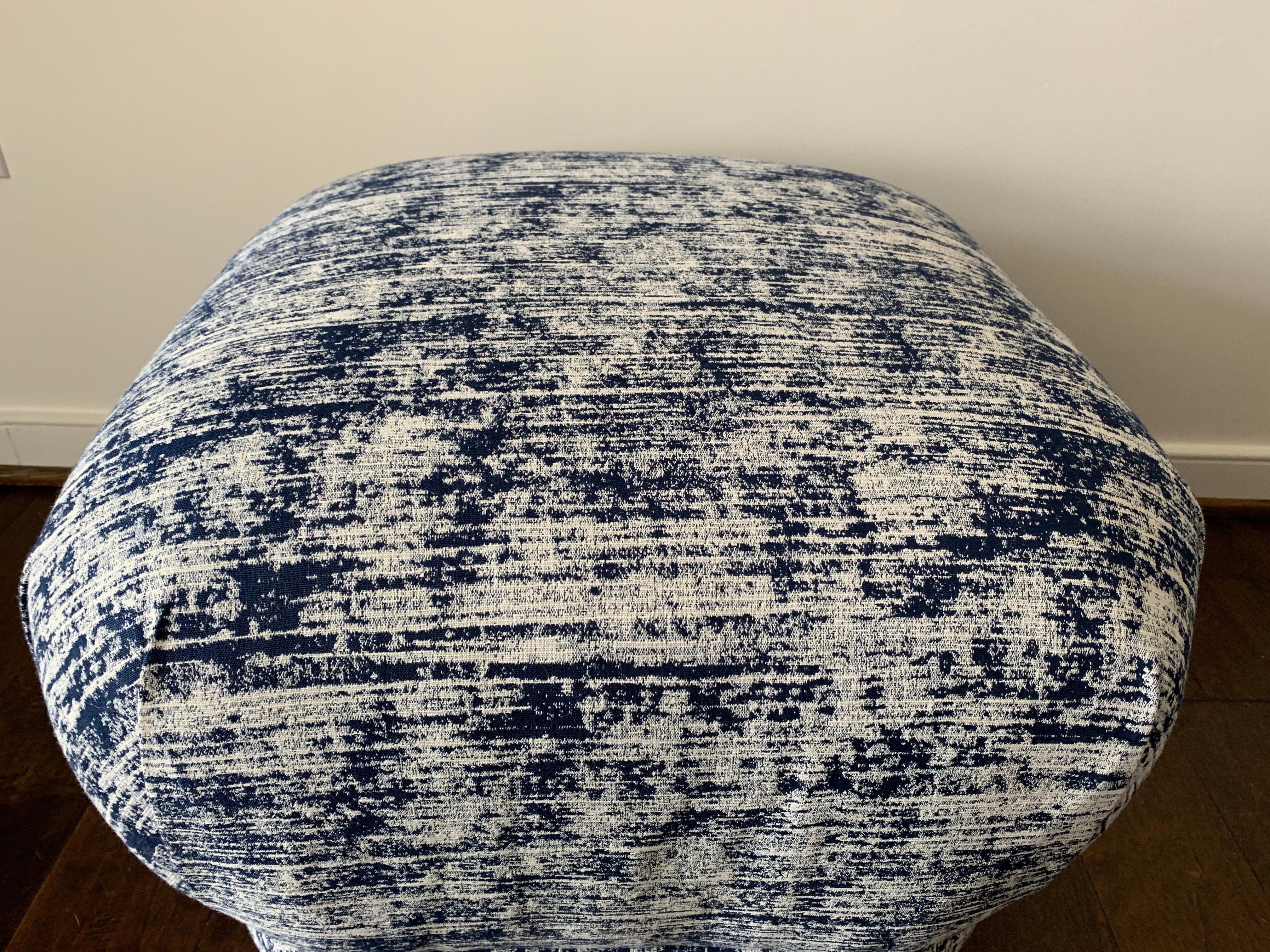 Brass 1970s Karl Springer Style Soufflé Pouf in Blue and White Scalamandre Fabric