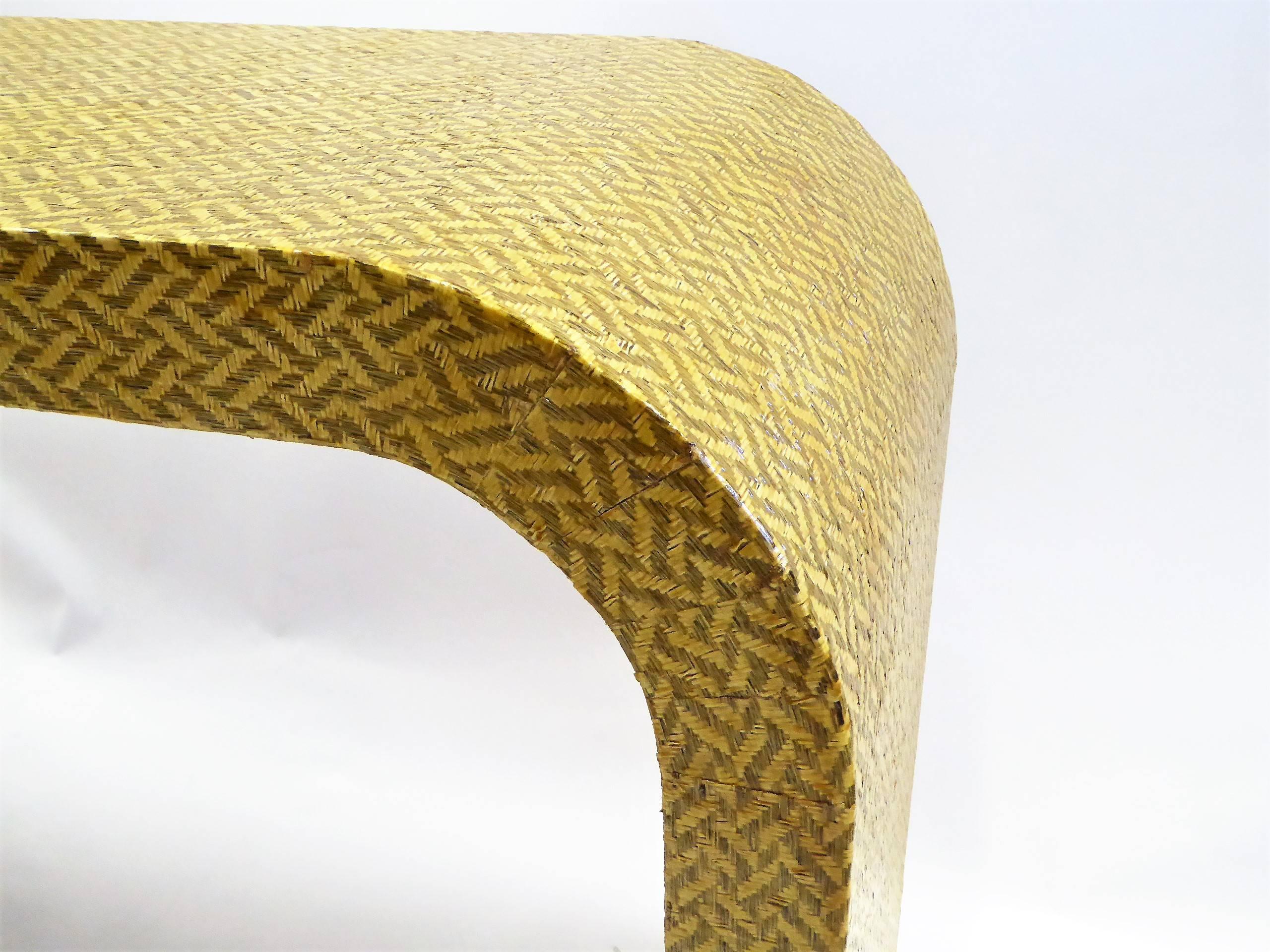 1970s Karl Springer Style Waterfall Console in Exotic Woven Cane Herringbone 1