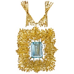 1970s Karl Stittgen Aquamarine, Diamond and Gold Brooch or Pendant Necklace