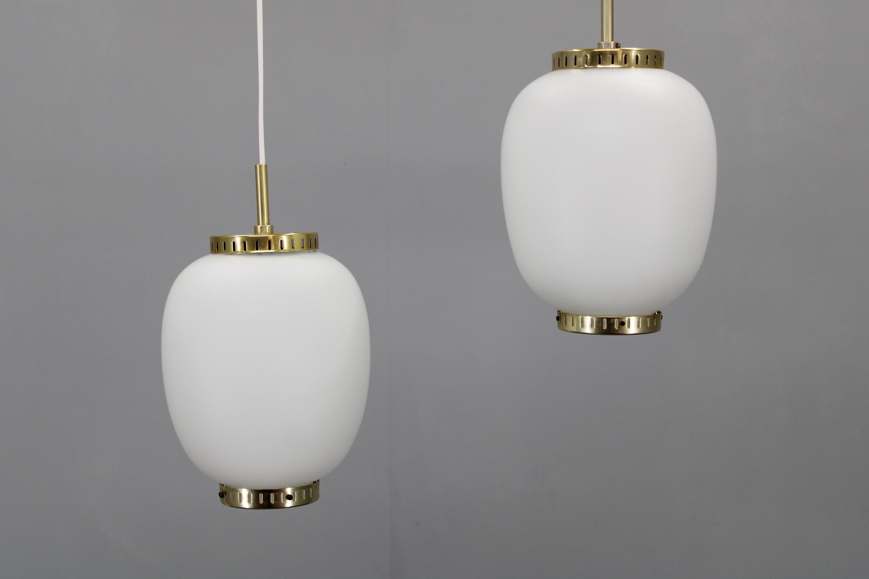 Mid-Century Modern 1970s Karlby Pair of China Pendants of Opaline Glass and Brass by Lyfa, Denmark For Sale