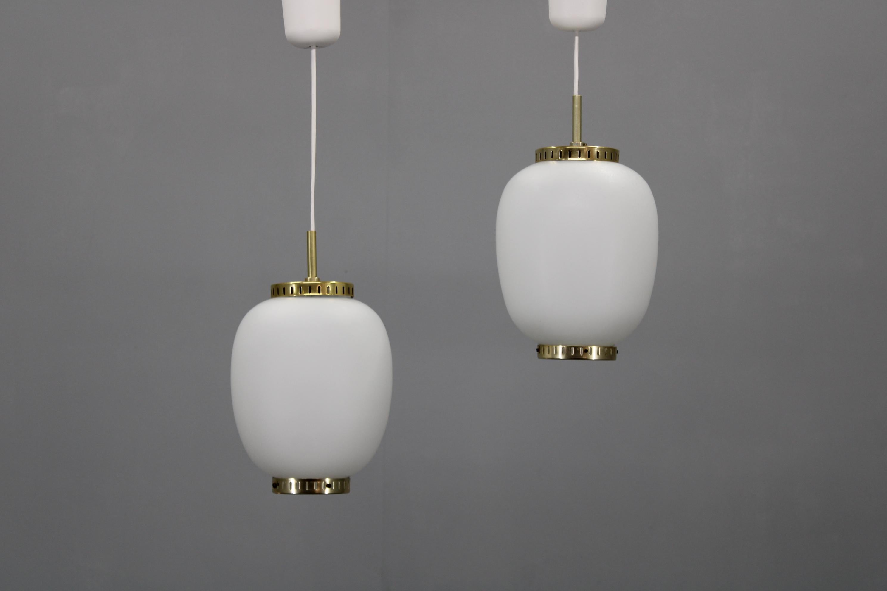 1970s Karlby Pair of China Pendants of Opaline Glass and Brass by Lyfa, Denmark For Sale 3