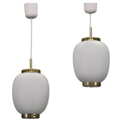 1970s Karlby Pair of China Pendants of Opaline Glass and Brass by Lyfa, Denmark