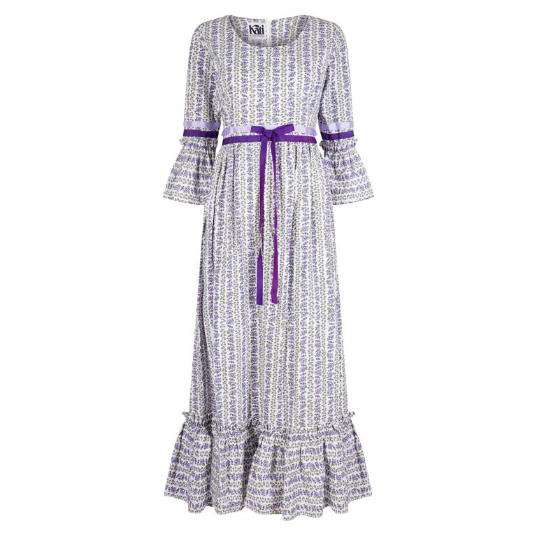 1970s Kati Floral Printed Cotton Victoriana Dress With Purple Ribbon ...