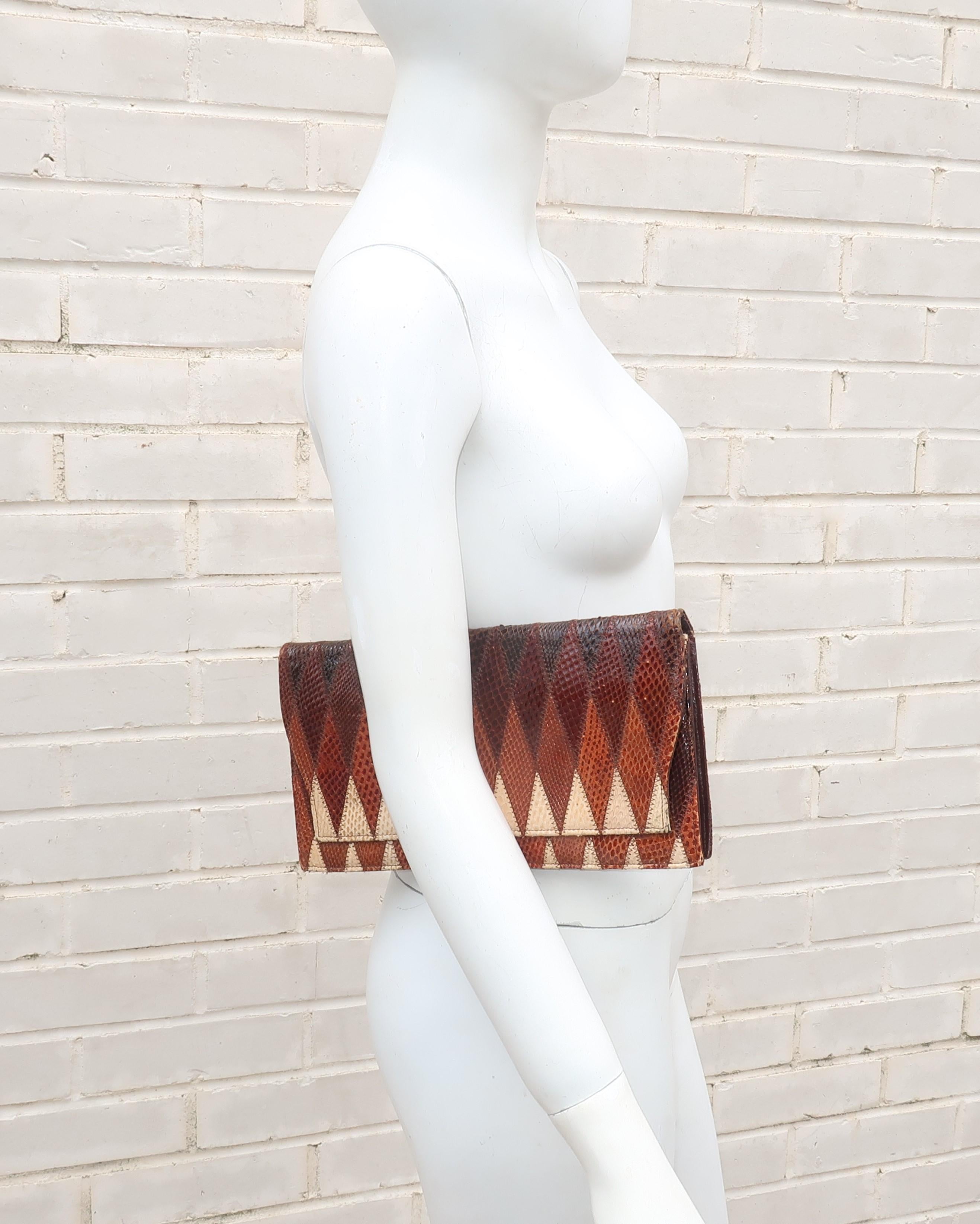 1970's Kaufmann of London Brown Snakeskin Clutch Handbag 8