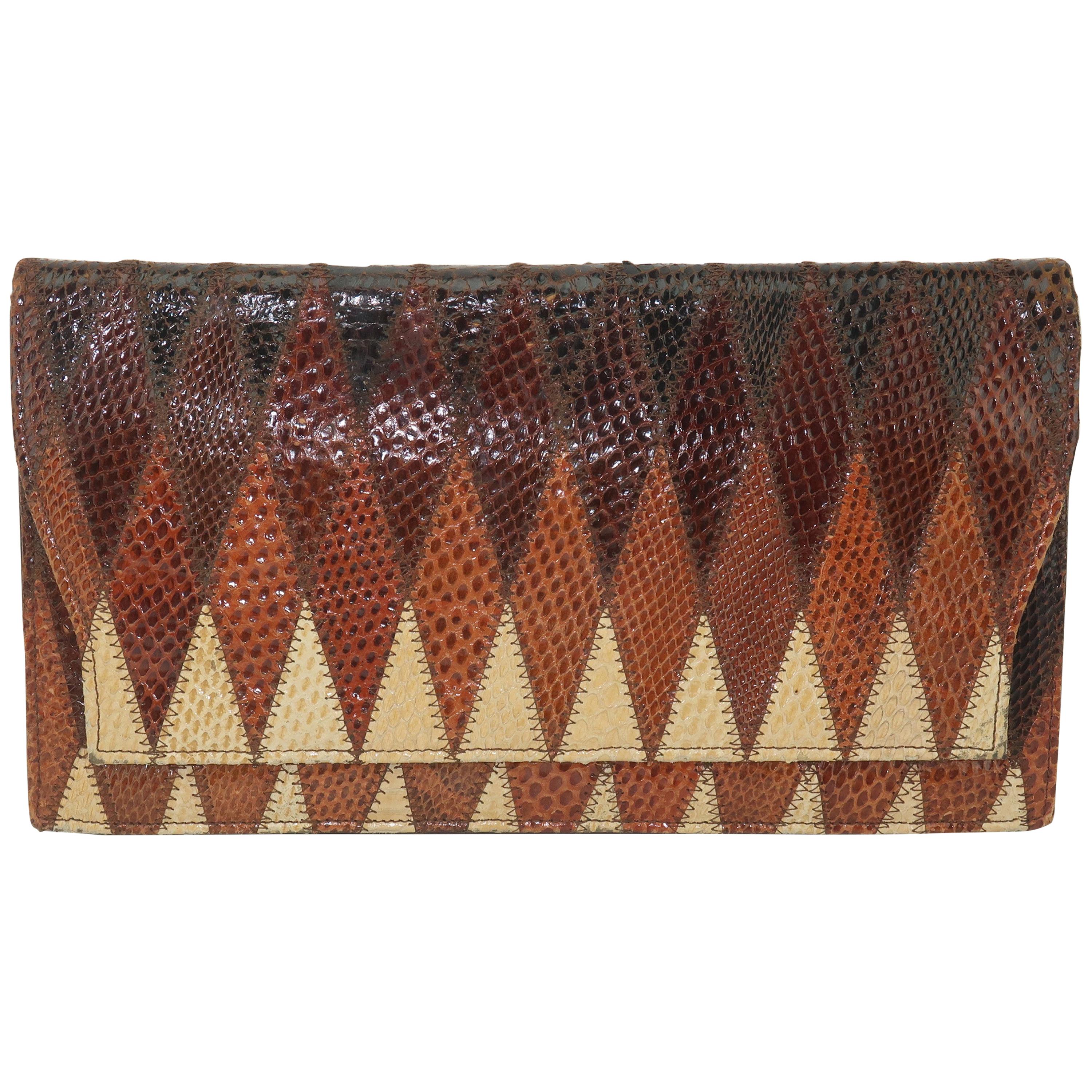 1970's Kaufmann of London Brown Snakeskin Clutch Handbag