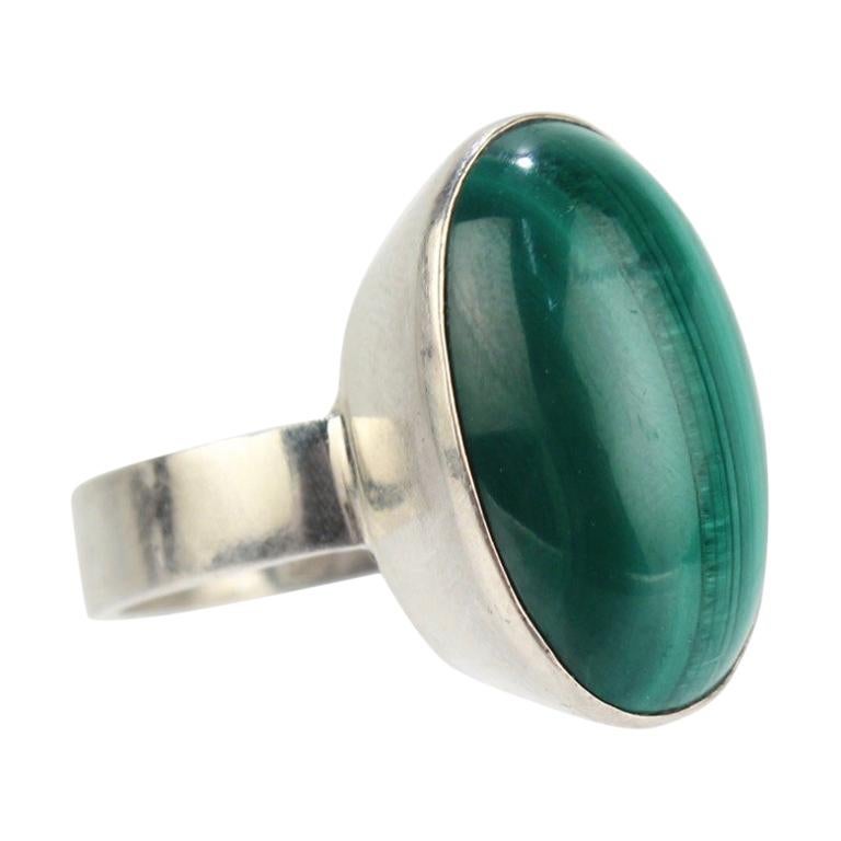 1970s Kaunis Koru Modernist Sterling Silver and Malachite Ring