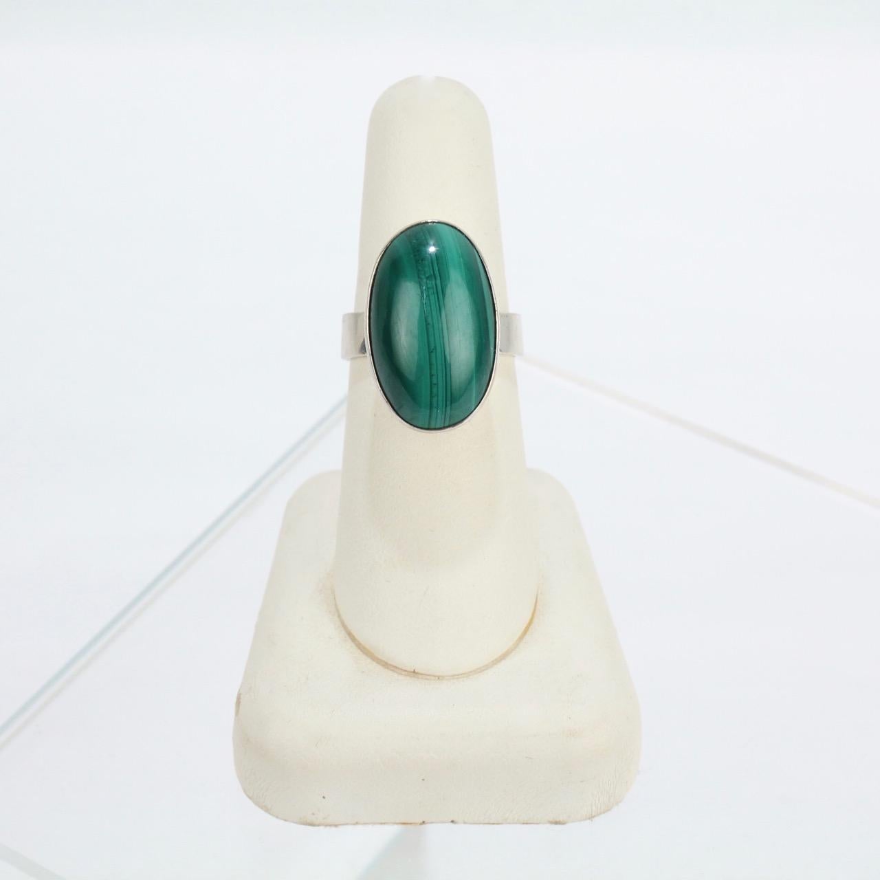 Oval Cut 1970s Kaunis Koru Modernist Sterling Silver and Malachite Ring