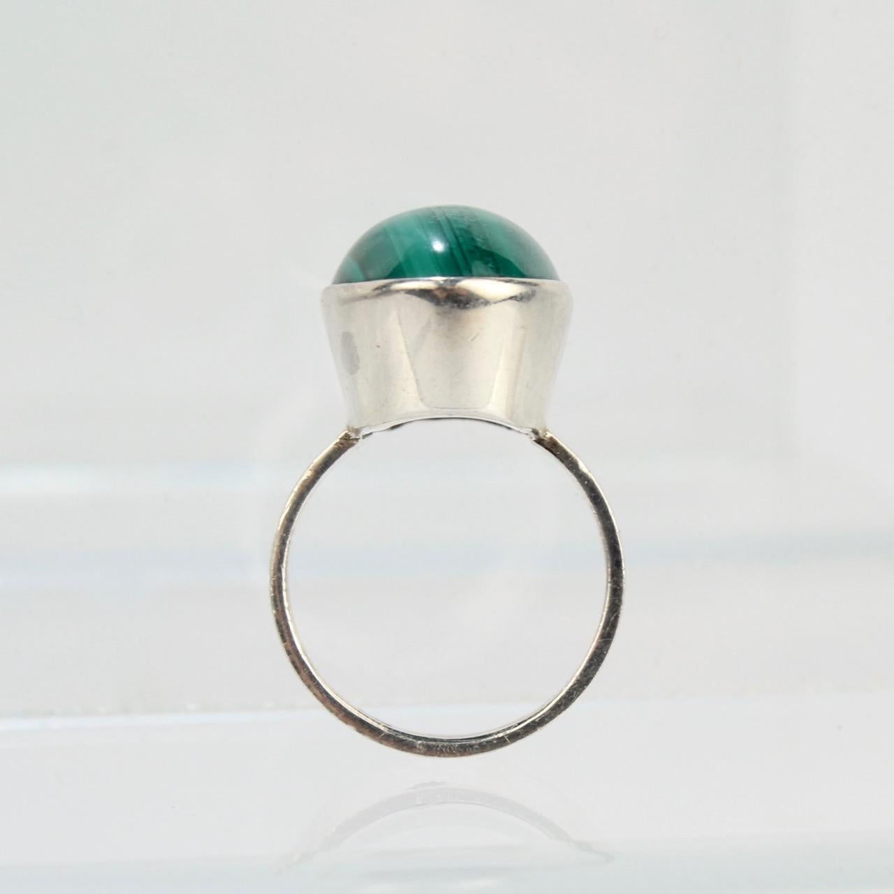 Women's or Men's 1970s Kaunis Koru Modernist Sterling Silver and Malachite Ring