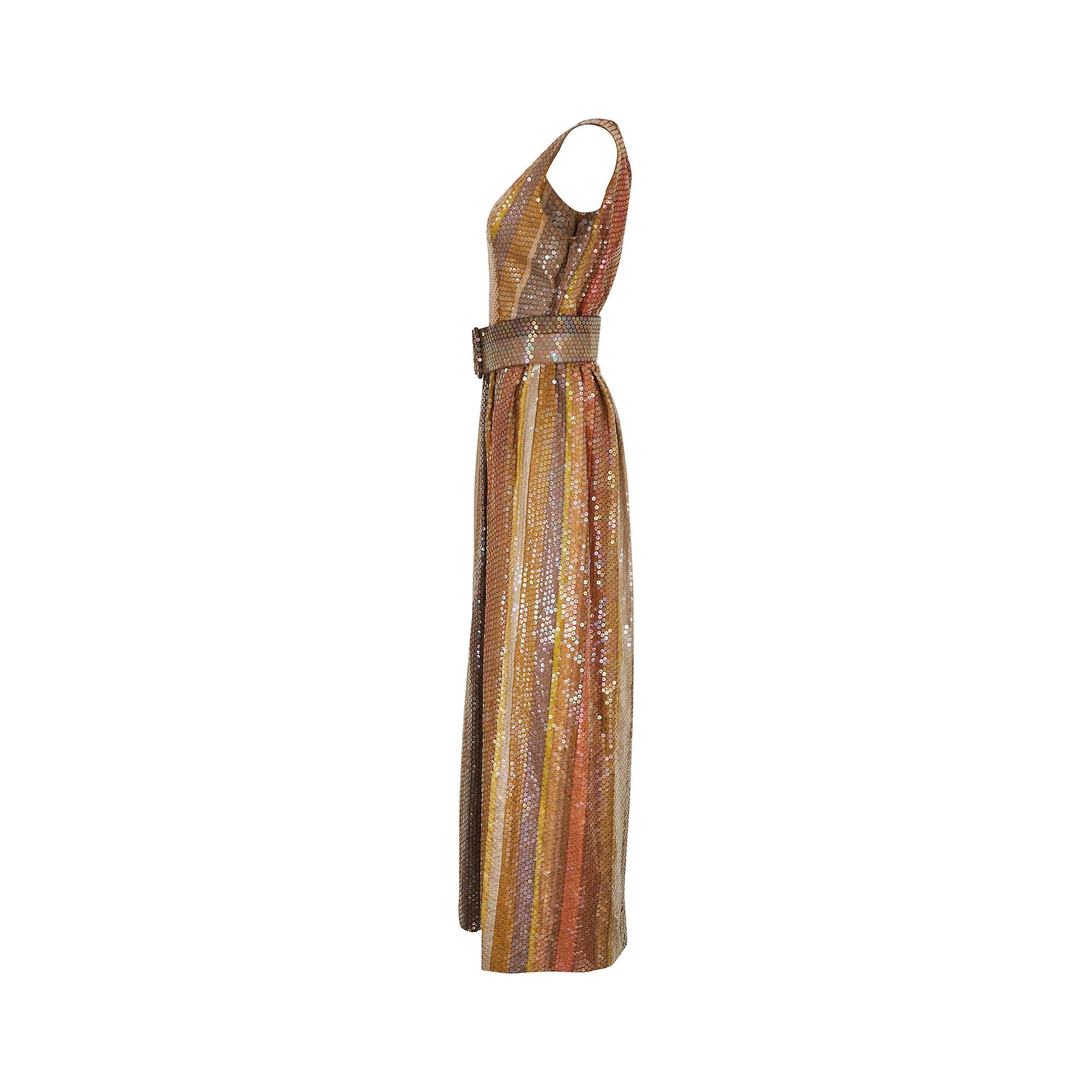 1970s Kaye Walton Sequin Belted Maxi Dress In Excellent Condition In London, GB