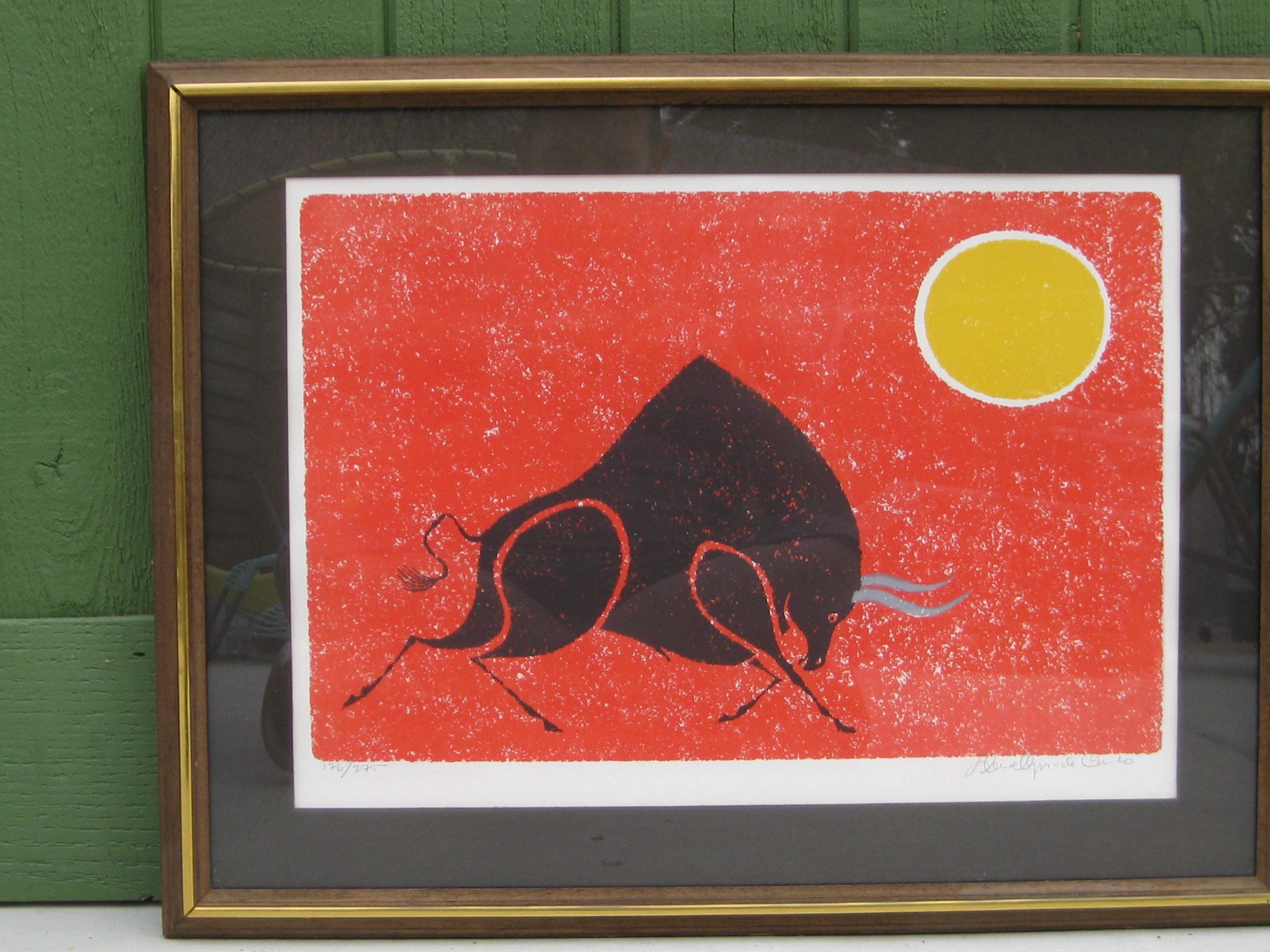 Vintage 1970's Keith Llewellyn De Carlo abstract bull lithograph print published by the collector’s Guild in New York City. Pencil signed by the artist and numbered. This is number of 176 of 275.  Comes in its original wood frame and  under glass.