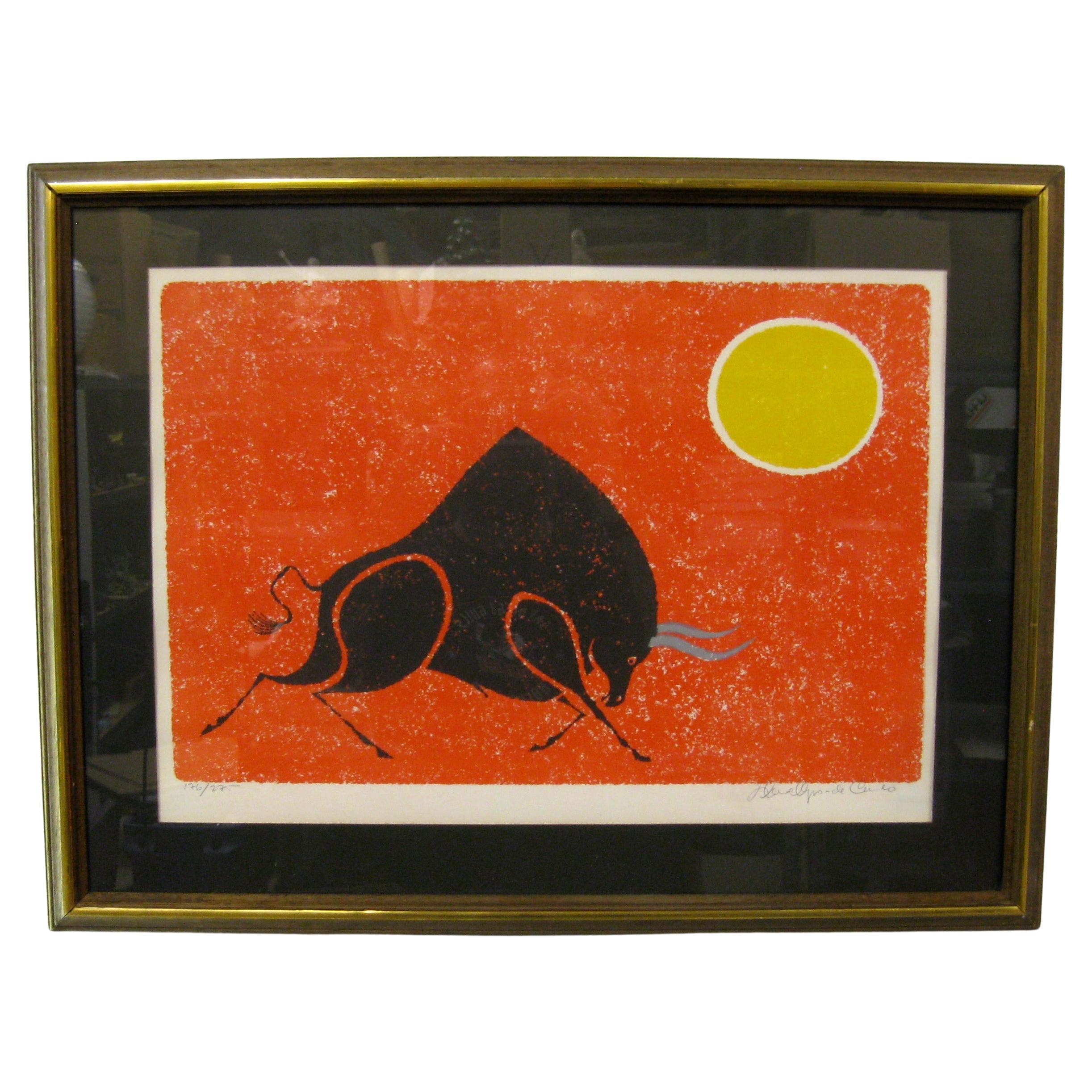 Lithographie abstraite en forme de taureau signée et numérotée Keith Llewellyn De Carlo, années 1970 en vente