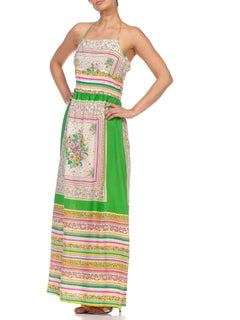 1970S Kelly Green & Pink Cotton / Rayon Floral Dress