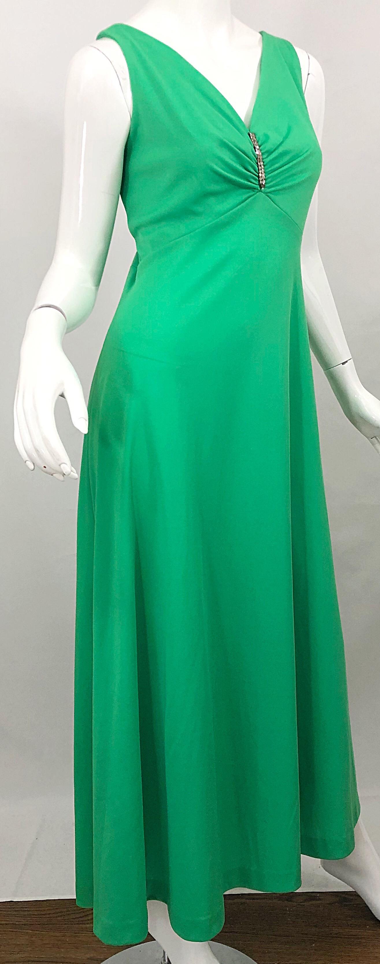 1970s Kelly Green Rhinestone Encrusted Vintage 70s Sleeveless Jersey Maxi Dress 3