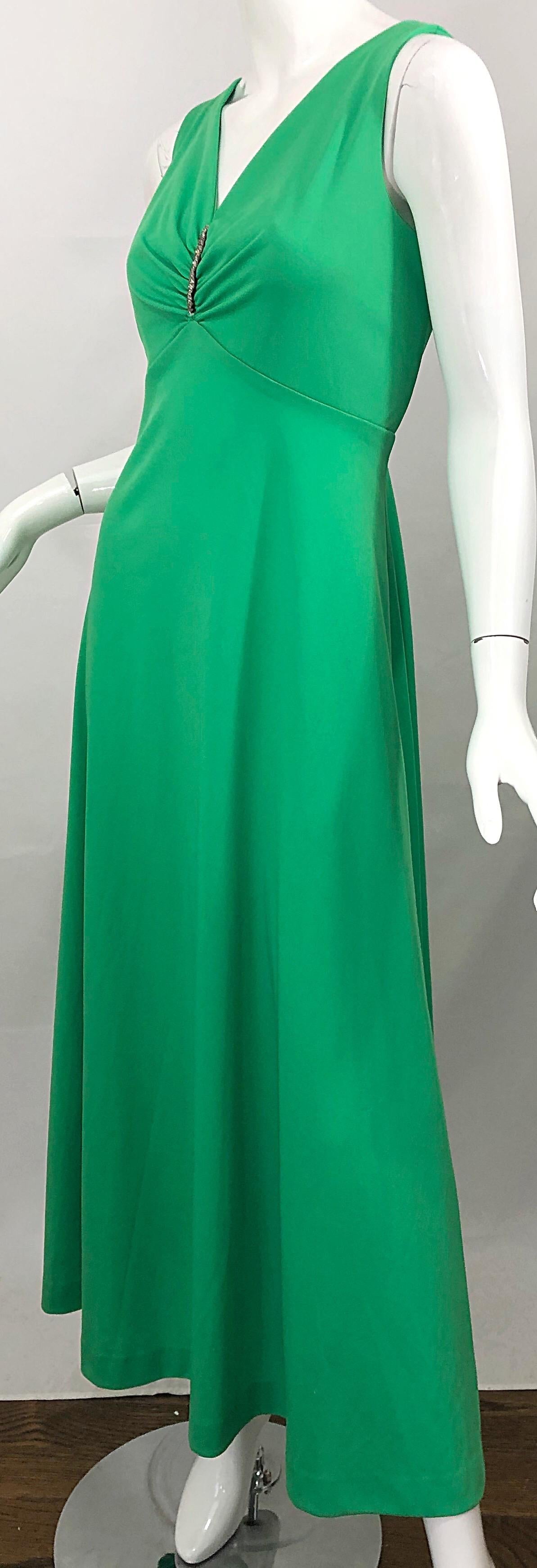 1970s Kelly Green Rhinestone Encrusted Vintage 70s Sleeveless Jersey Maxi Dress 4