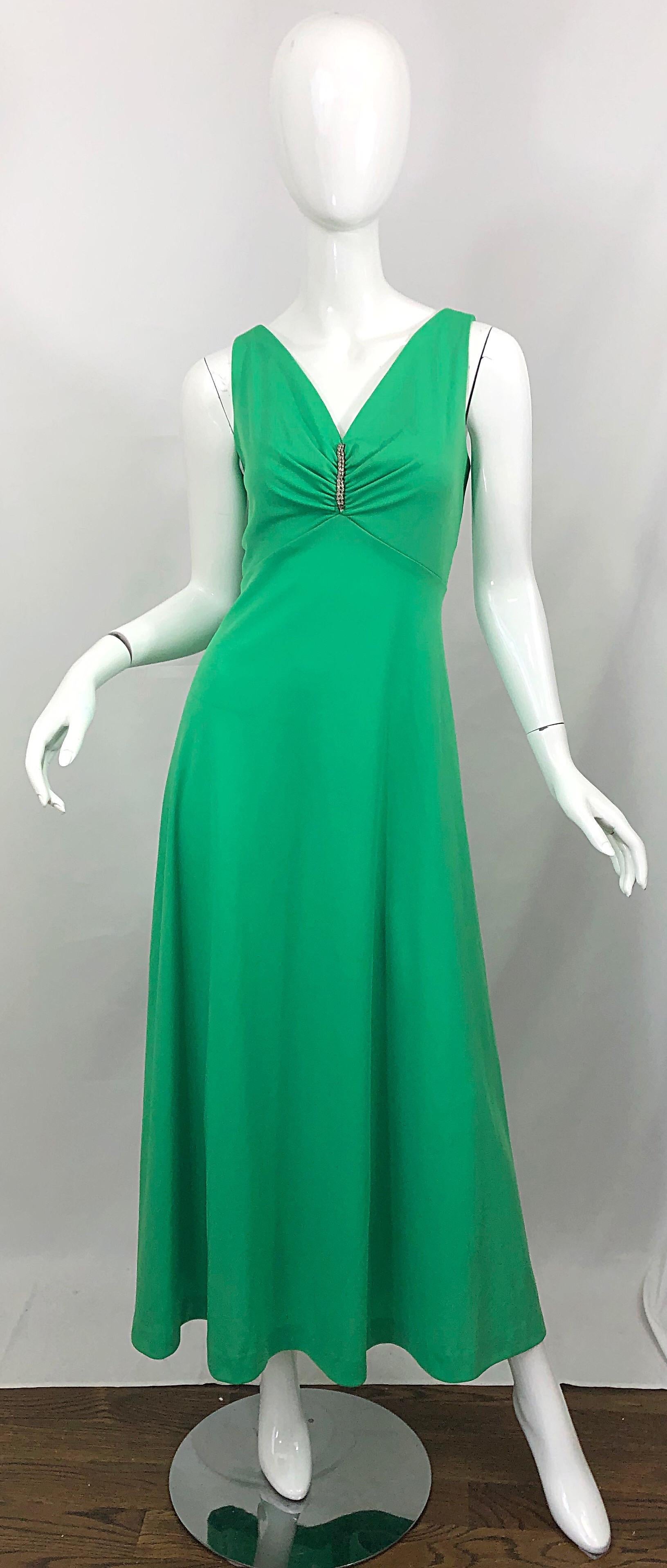 1970s Kelly Green Rhinestone Encrusted Vintage 70s Sleeveless Jersey Maxi Dress 6