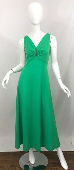 1970s Kelly Green Rhinestone Encrusted Vintage 70s Sleeveless Jersey Maxi Dress