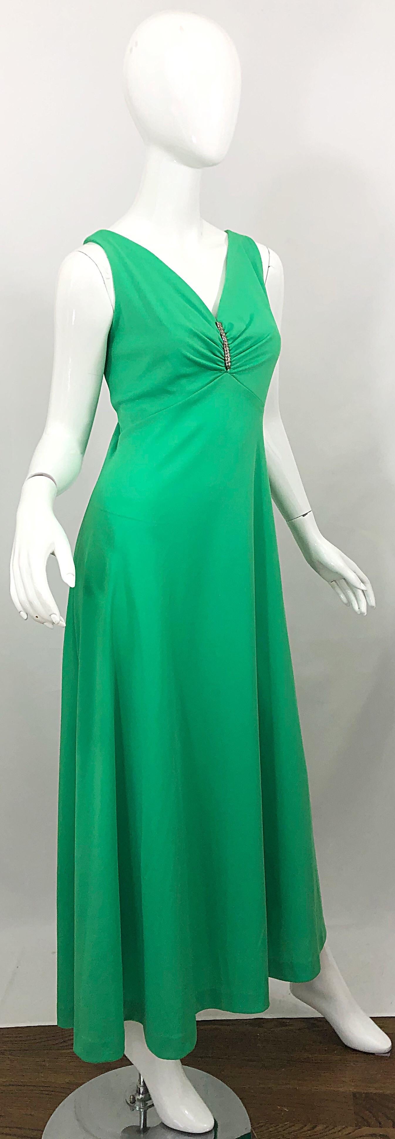 1970s Kelly Green Rhinestone Encrusted Vintage 70s Sleeveless Jersey Maxi Dress 1