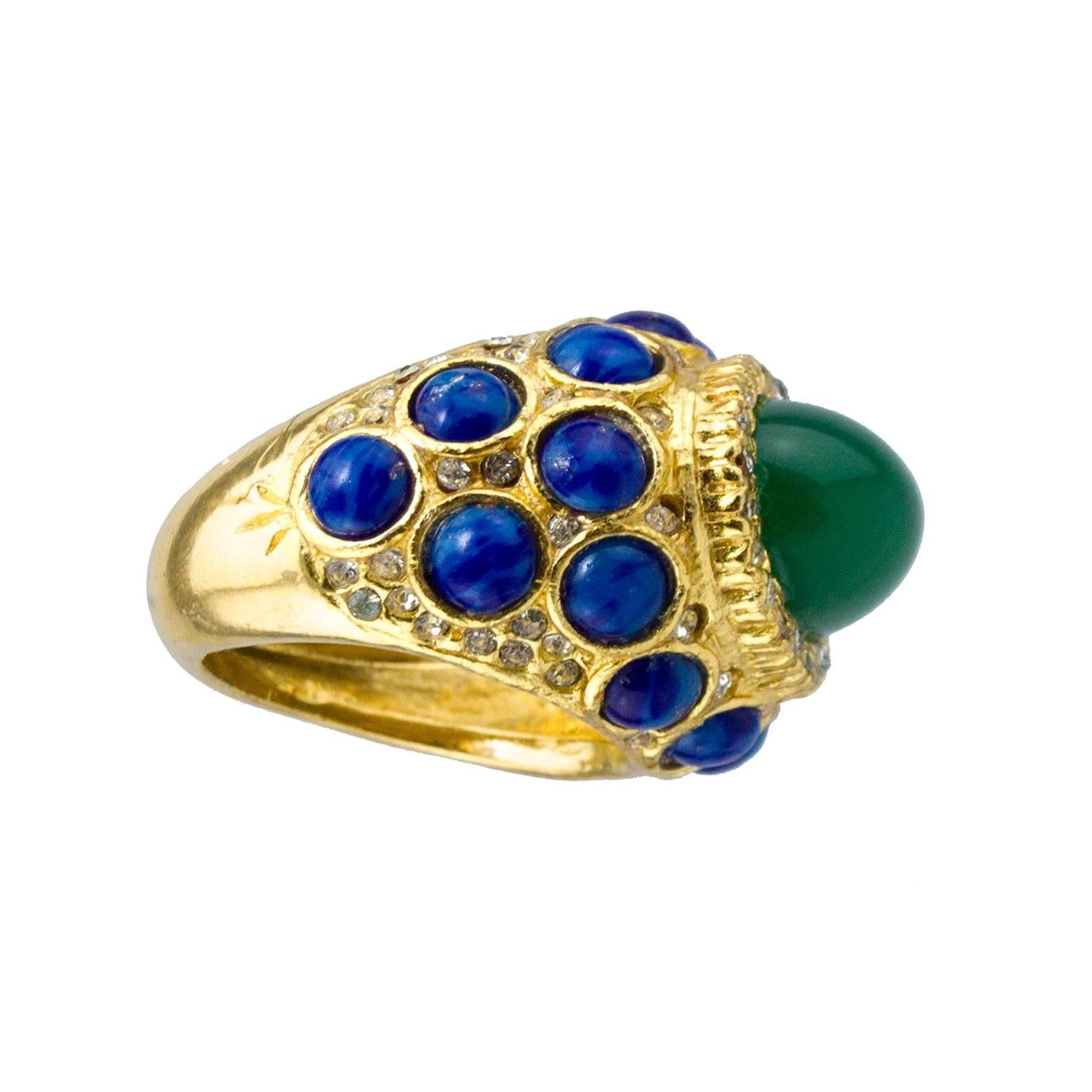 1970s Kenneth Jay Lane Cocktail Ring with Green and Blue Cabochon Stones  In Excellent Condition In Toronto, Ontario