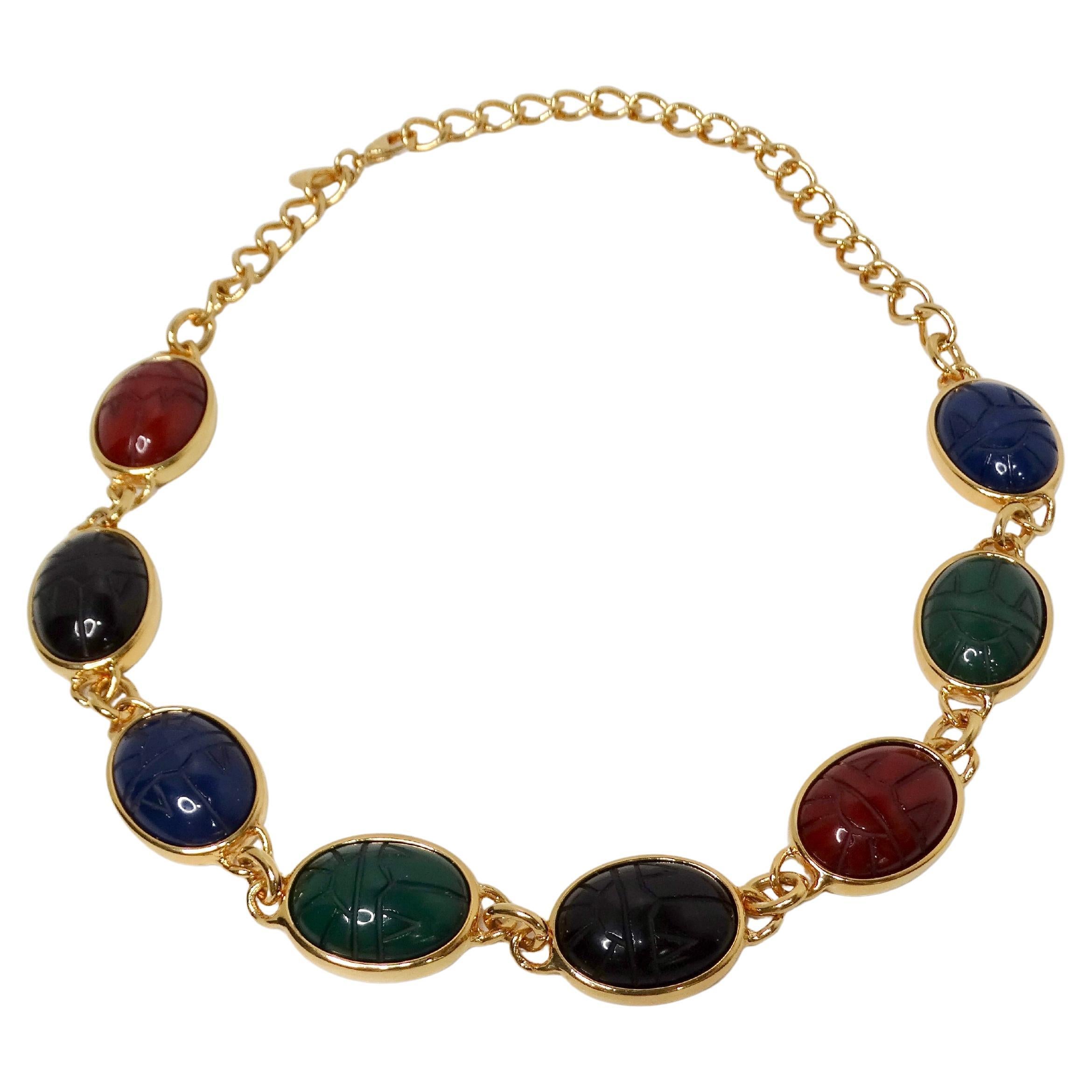 1970s Kenneth Jay Lane Multicolor Carved Scarab Gold Tone Necklace
